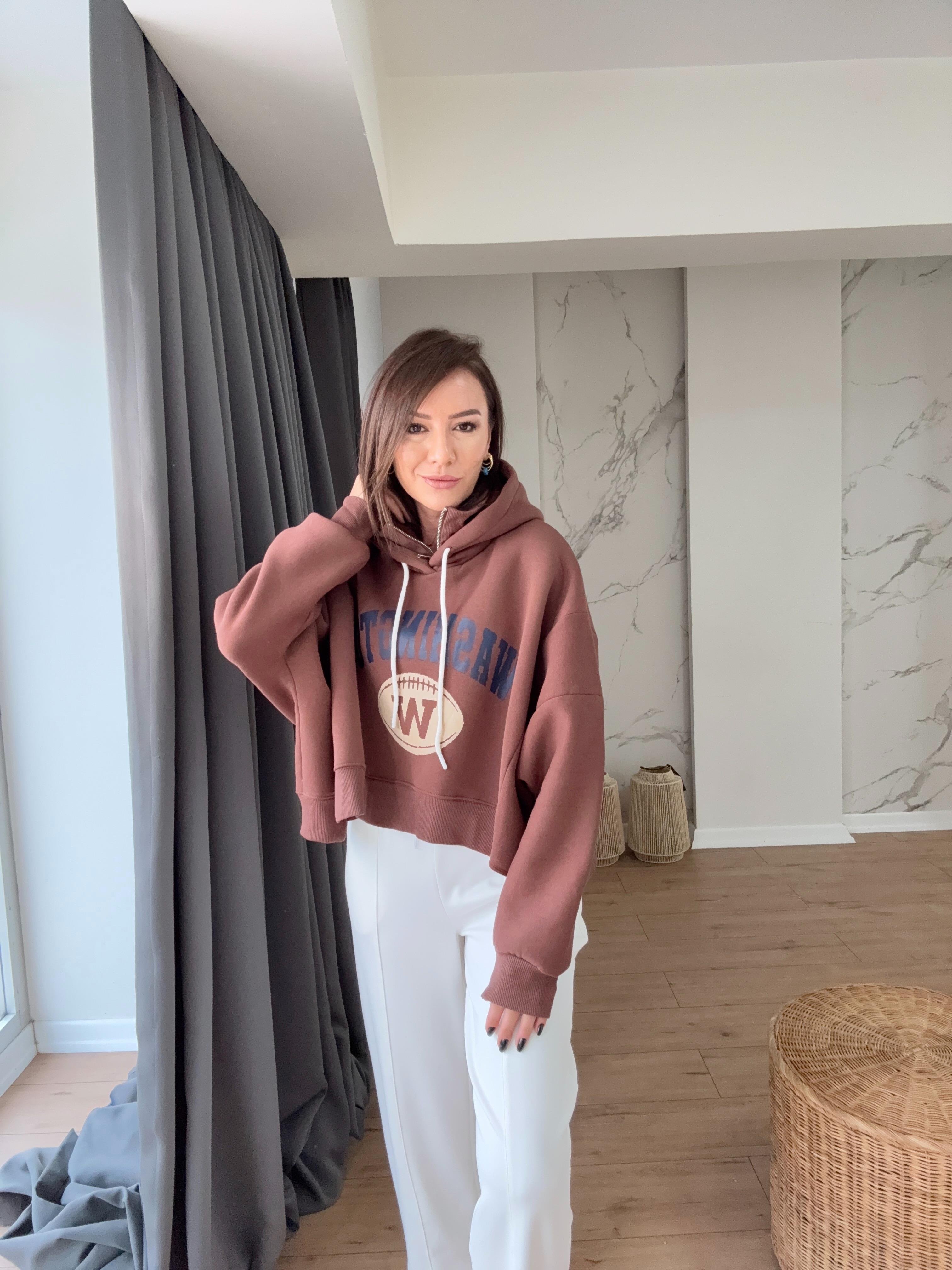 Kapüşonlu Yazı Baskılı Sweat KAHVE