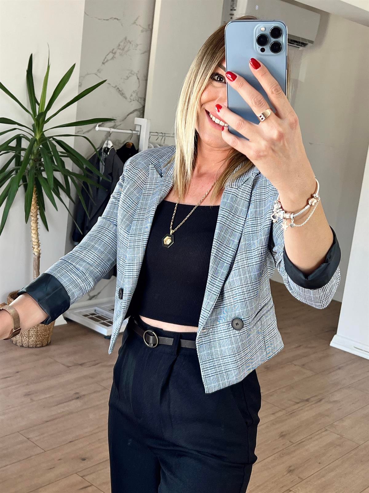 Kareli Crop Blazer Ceket GRİ