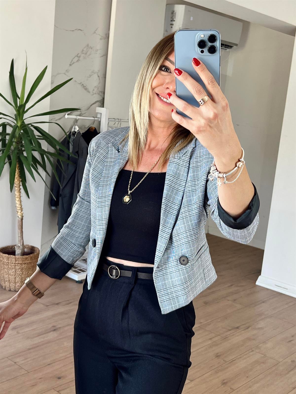 Kareli Crop Blazer Ceket GRİ