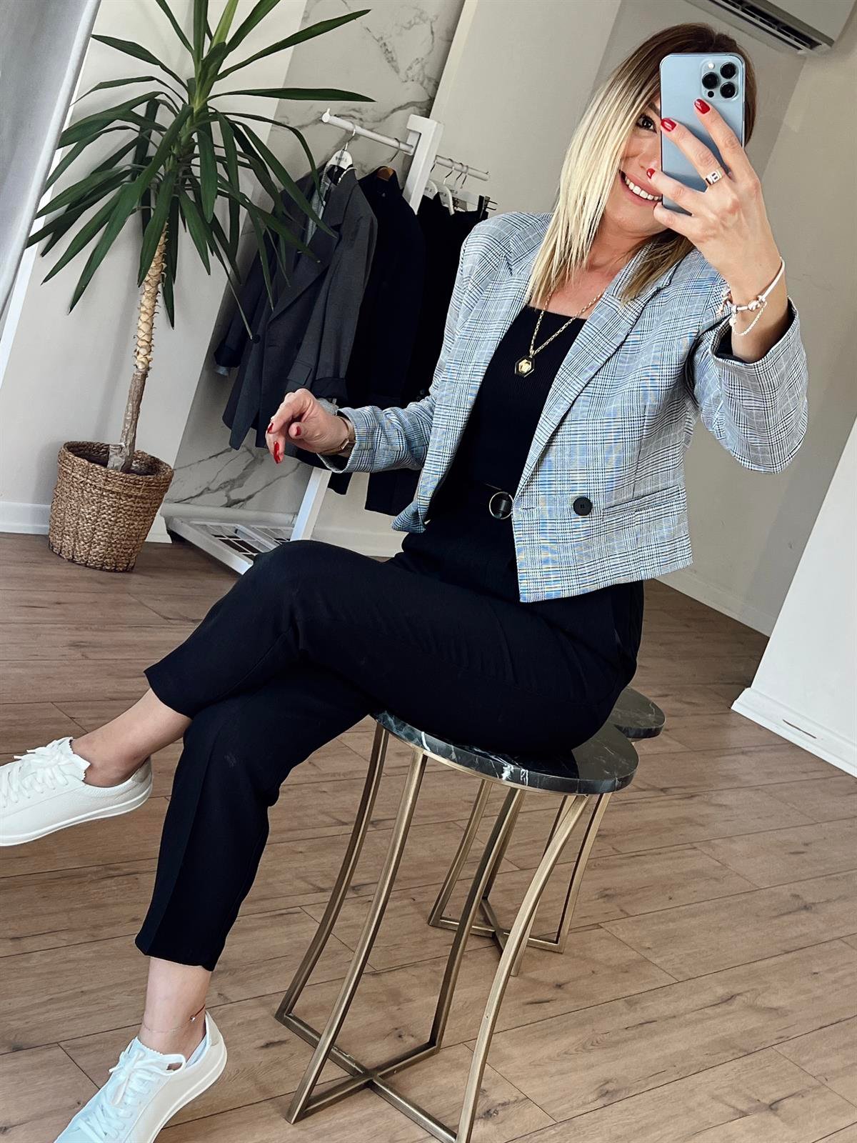 Kareli Crop Blazer Ceket GRİ