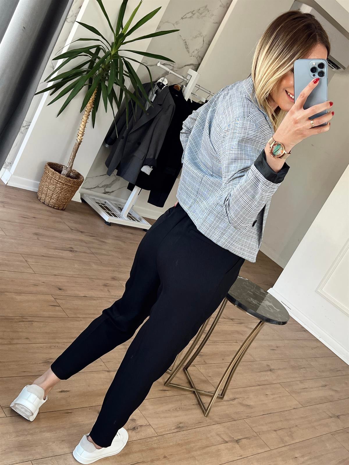 Kareli Crop Blazer Ceket GRİ
