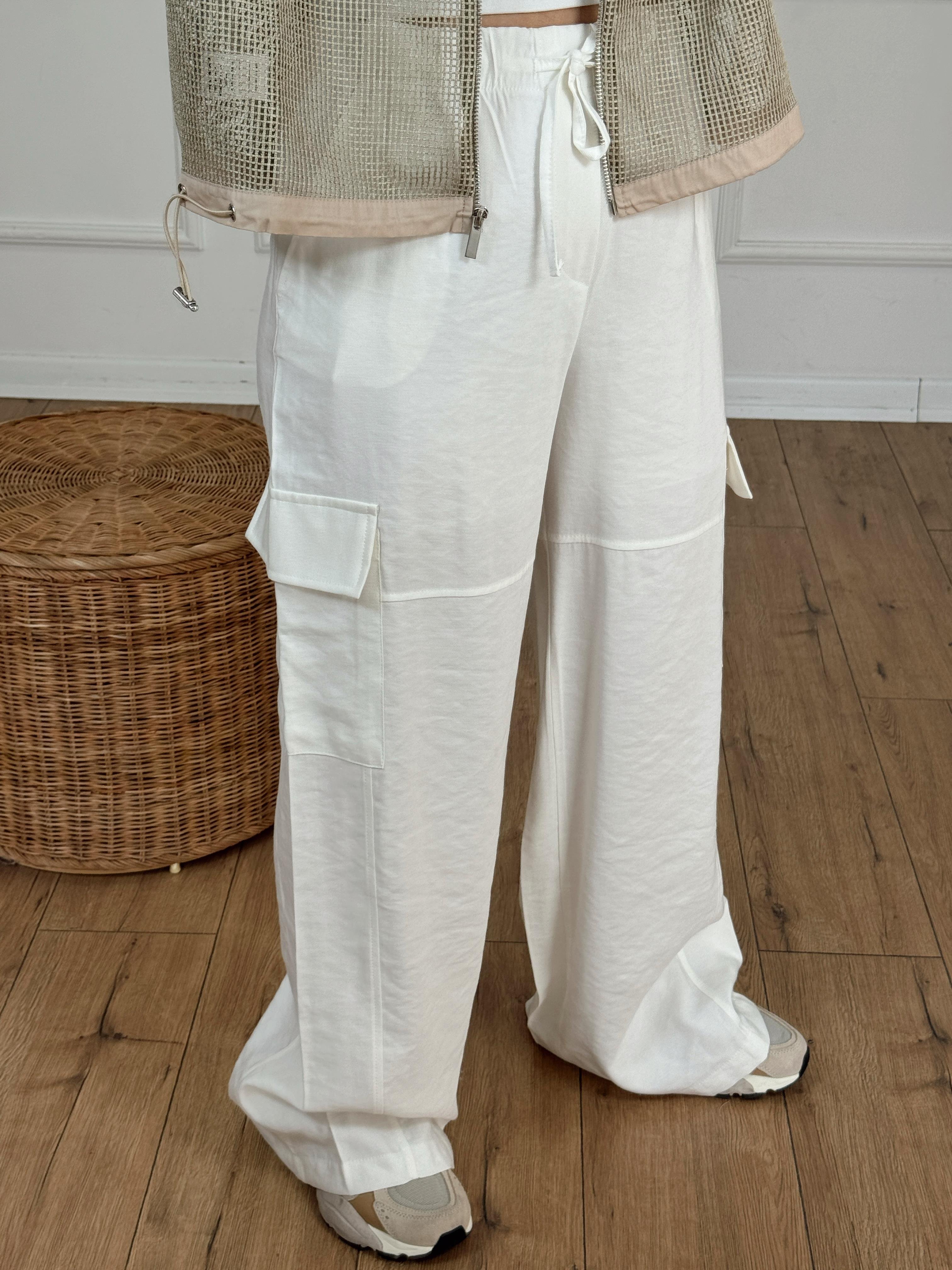 Kargo Cepli Beli Bağcıklı Bol Paça Pantolon EKRU