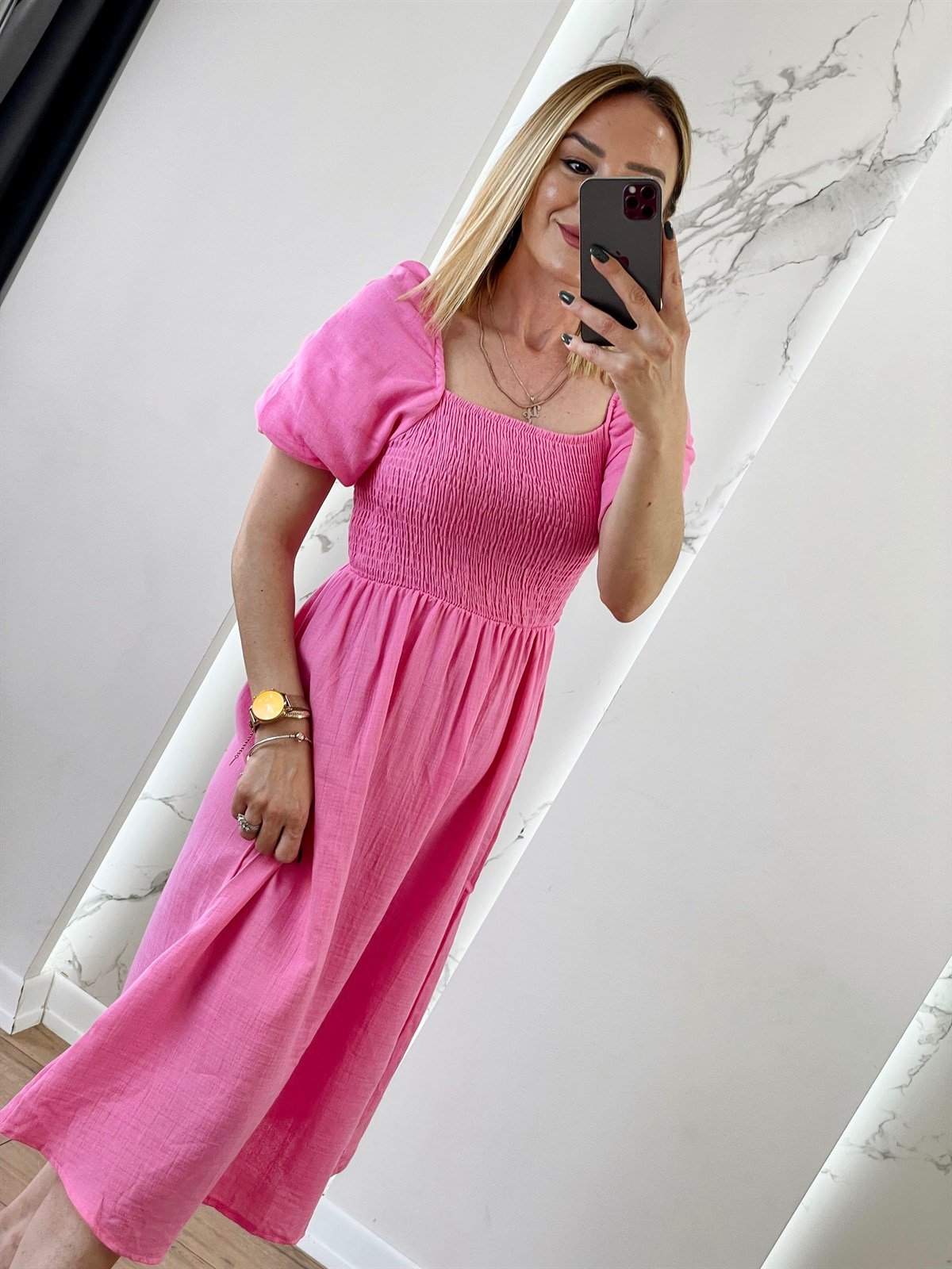 Karpuz Kol Elbise Pembe