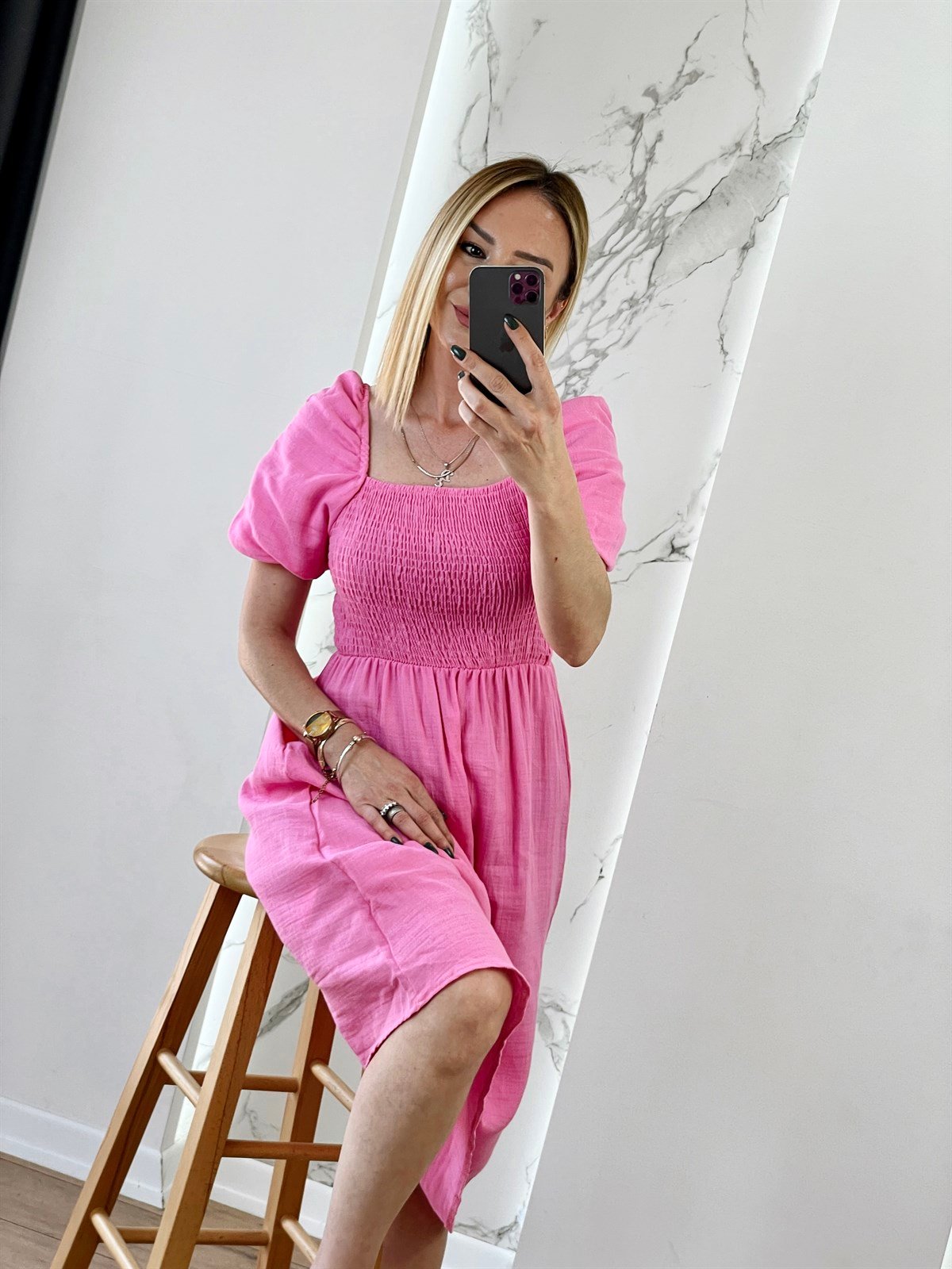 Karpuz Kol Elbise Pembe