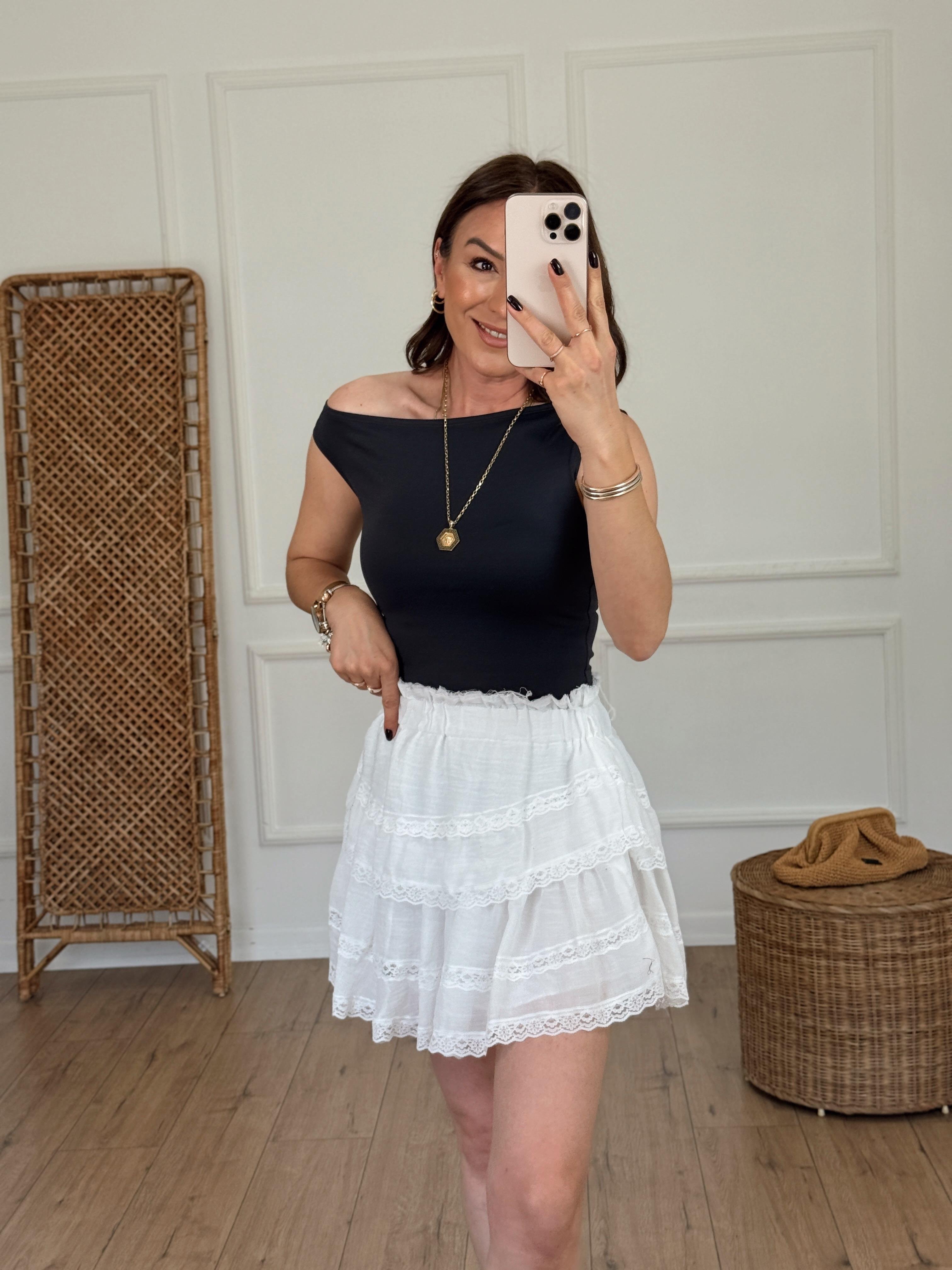 Katlı Beli Lastikli Dantelli Etek BEYAZ