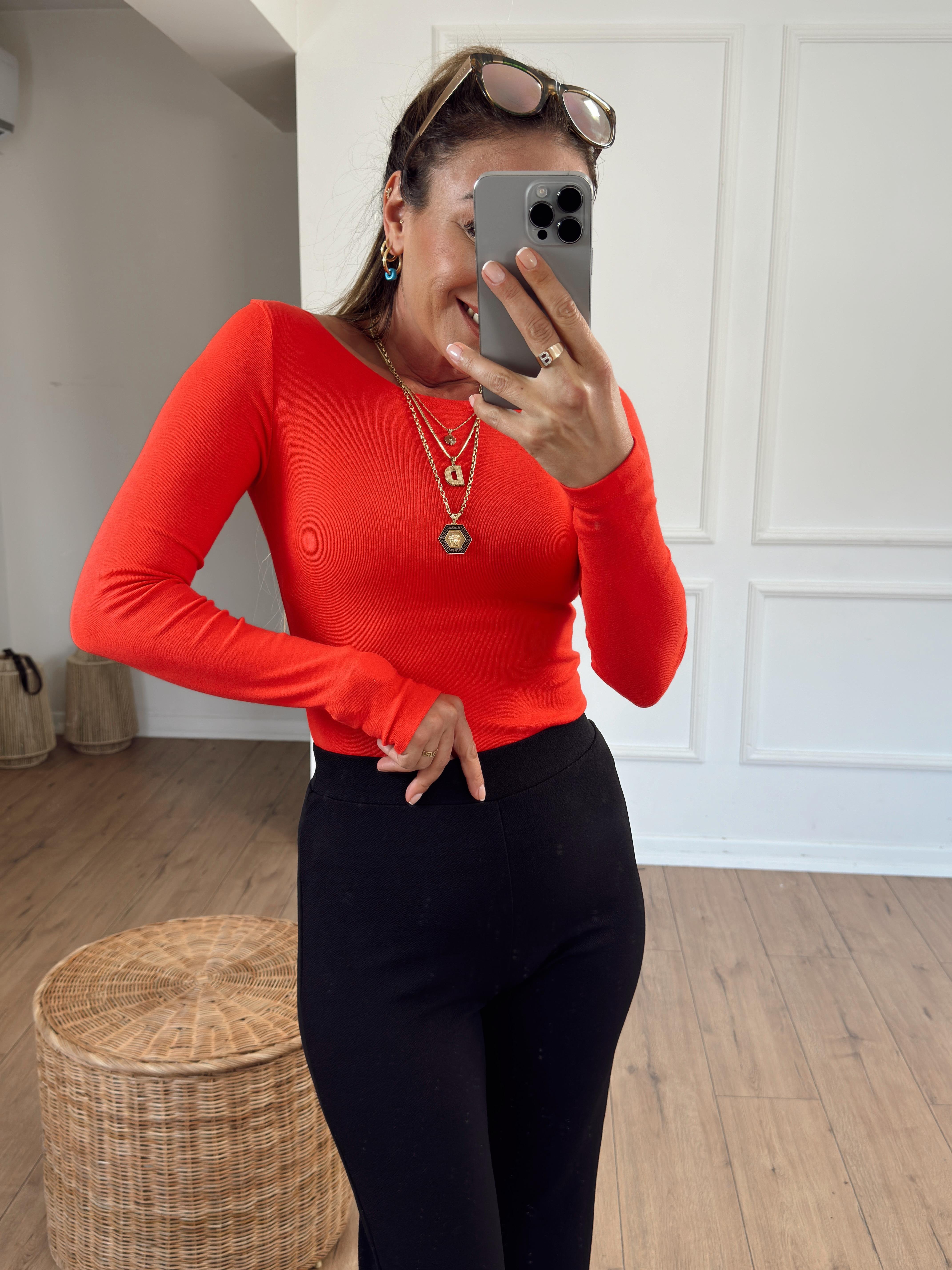 Kayık Yaka Uzun Kollu Body KIRMIZI