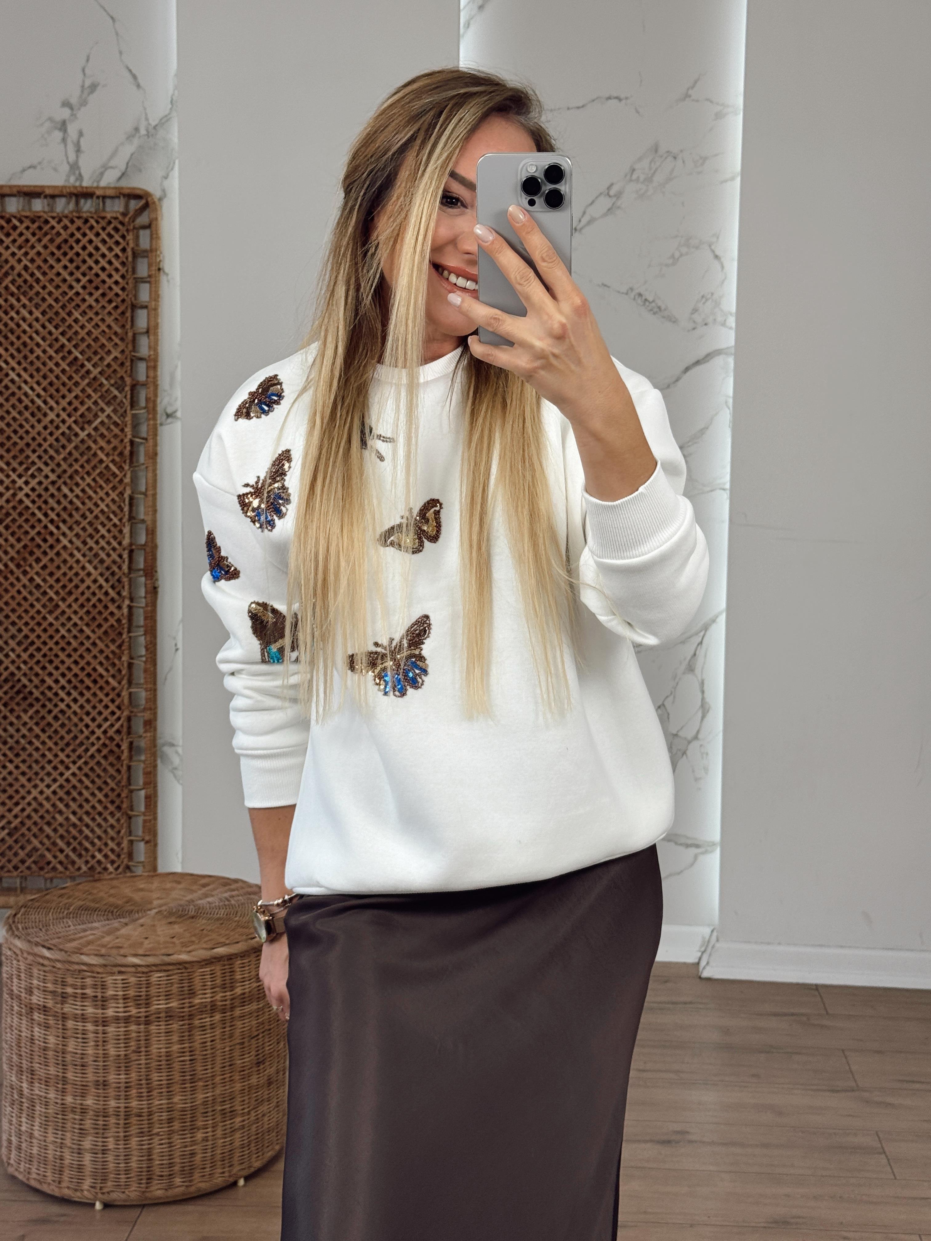 Kelebek Pullu Sweat EKRU