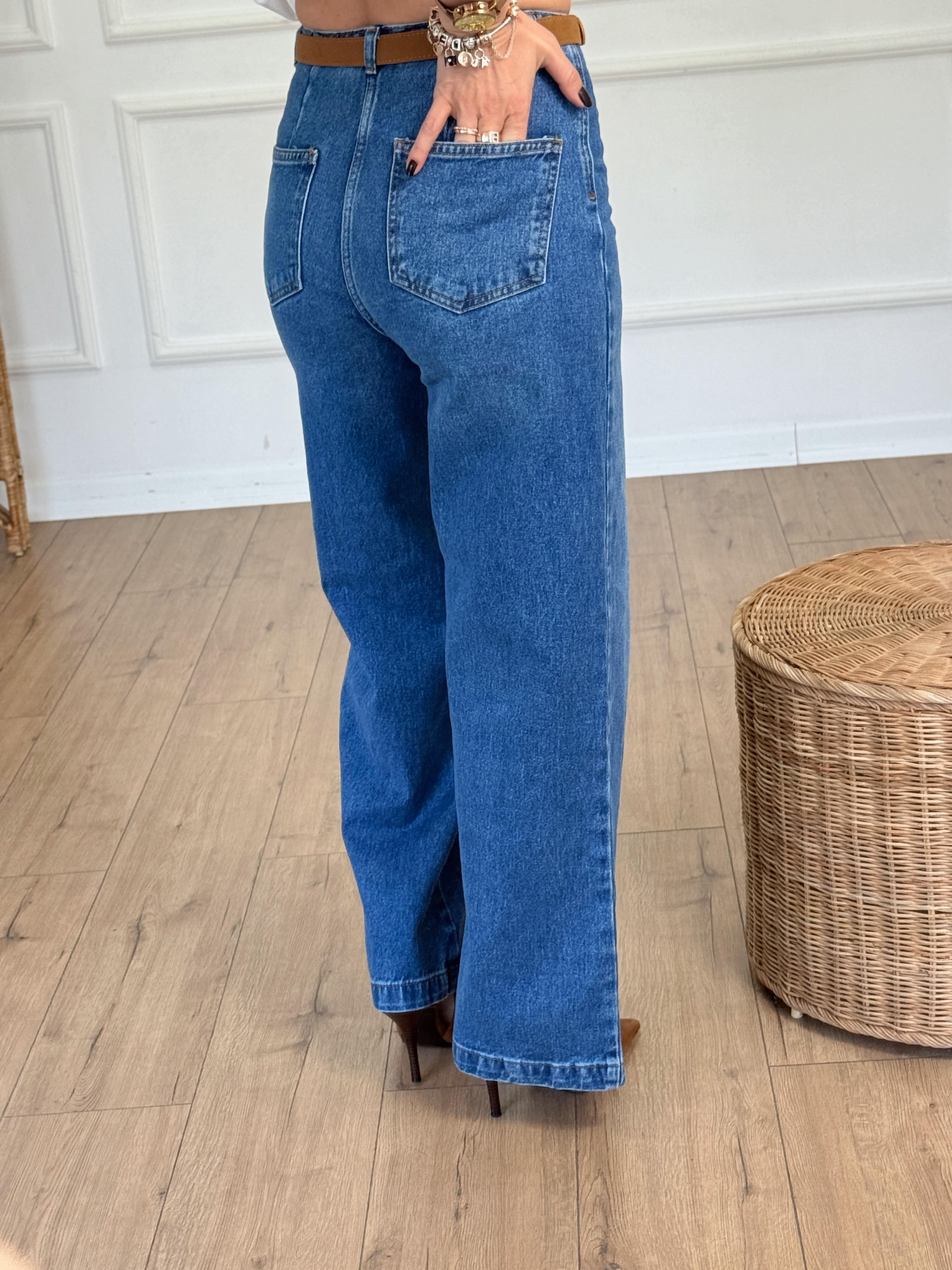 Kemerli Geniş Paça Jean MAVİ