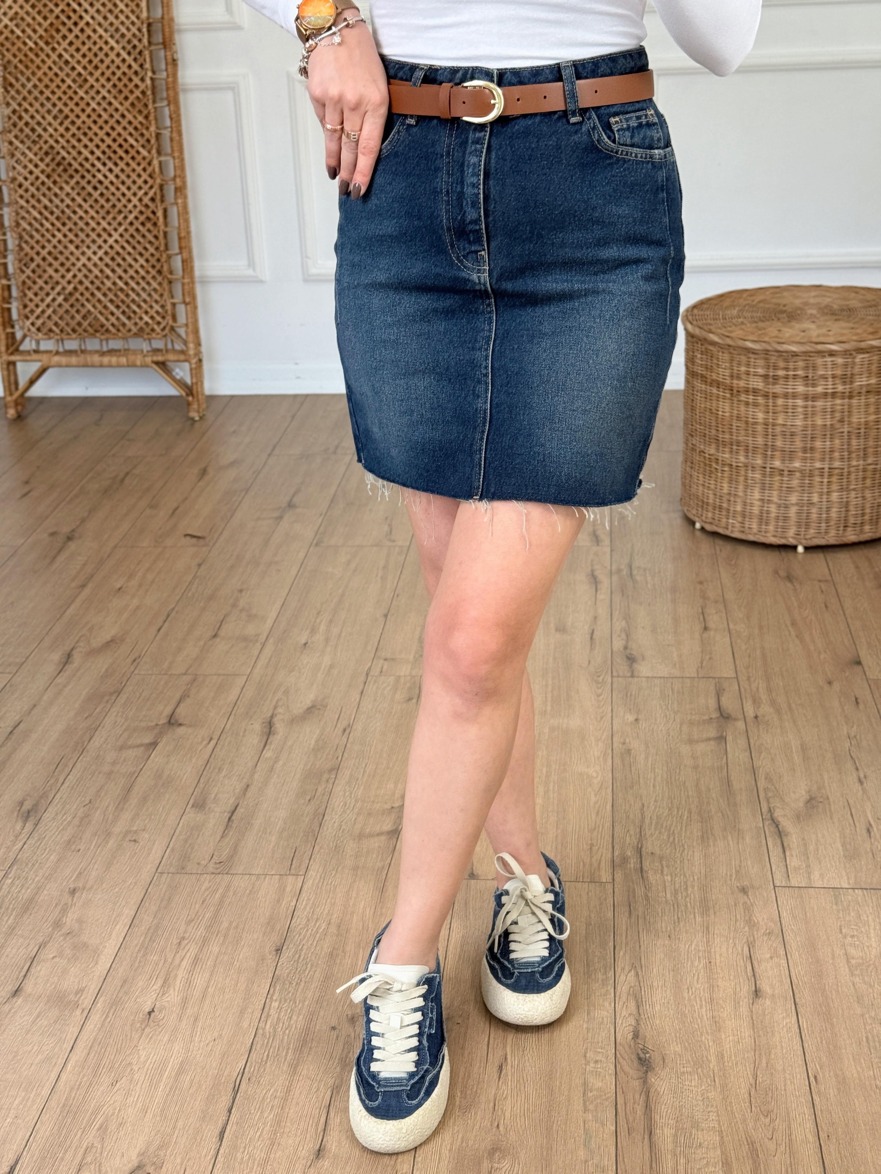 Kemerli Mini Jean Etek LACİVERT