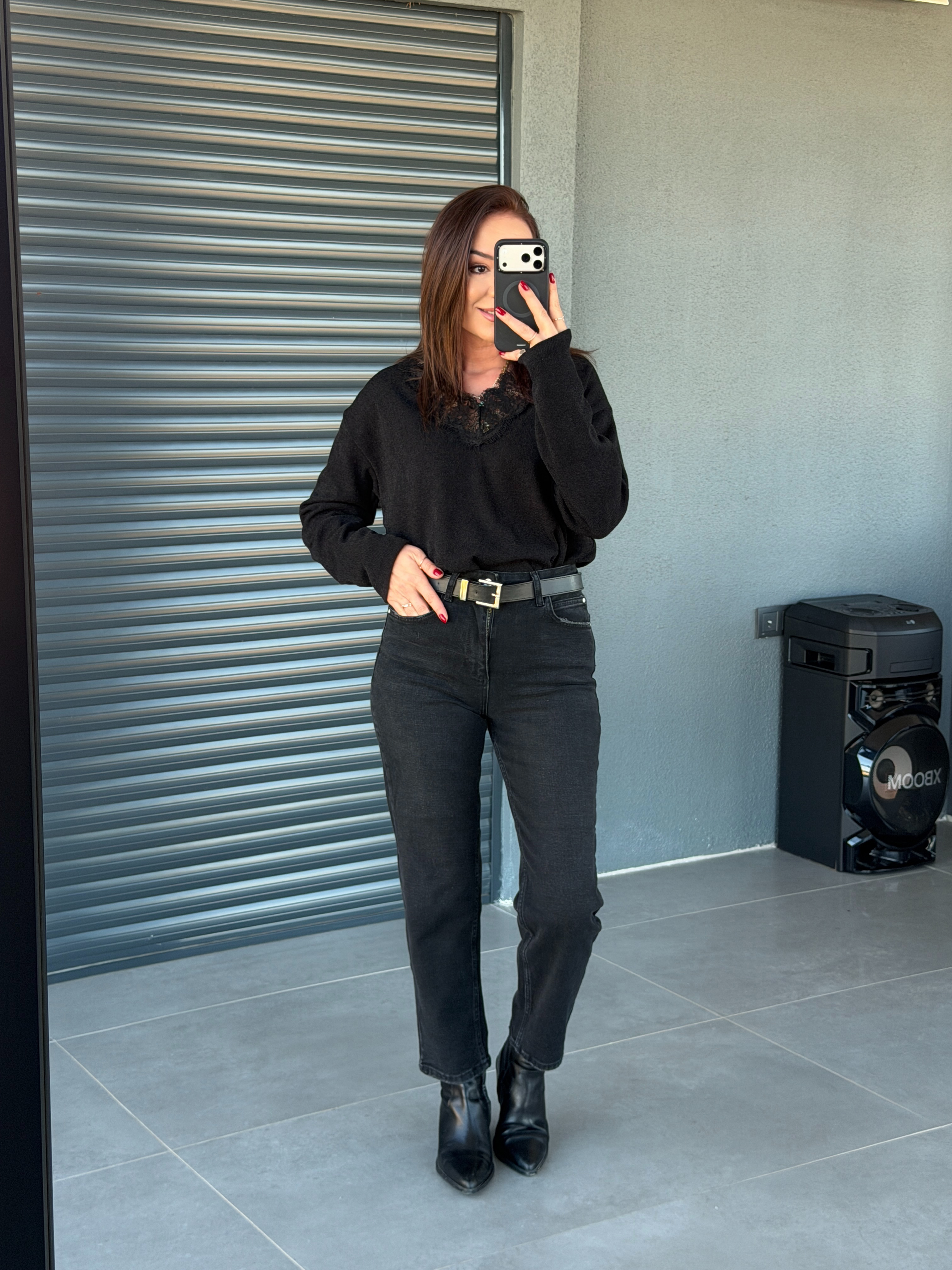 Kemerli Slim Mom Jean SİYAH