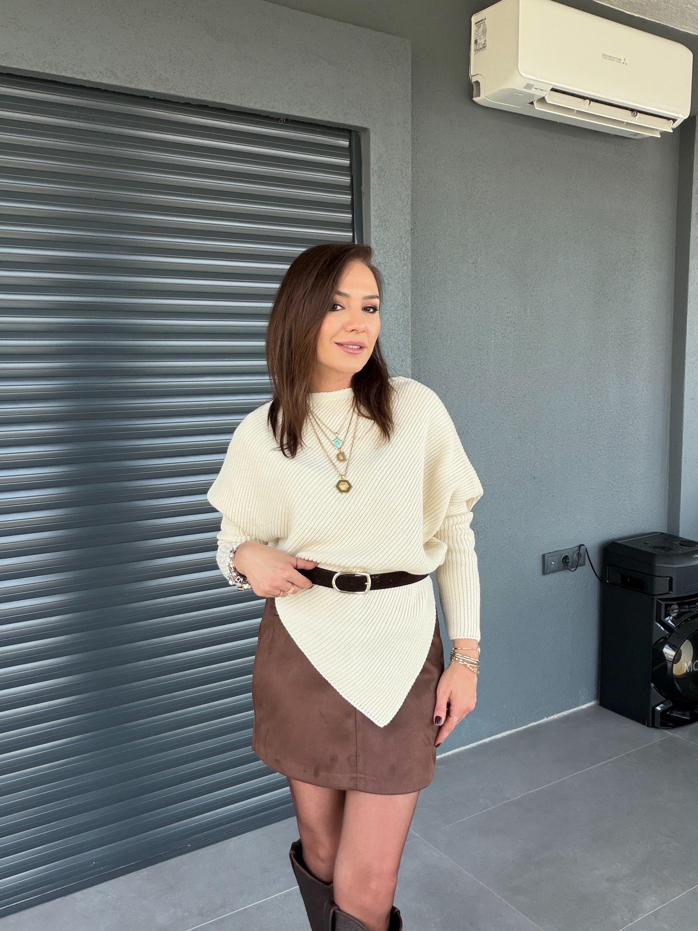 Kemerli Süet Mini Etek KOYU KAHVE