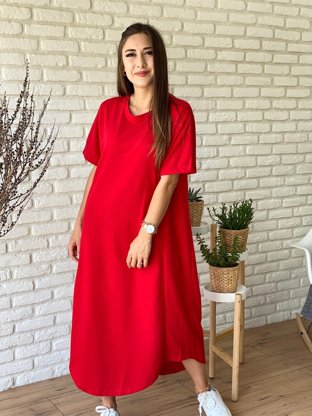 Kırmızı Kısa Kollu Penye Elbise