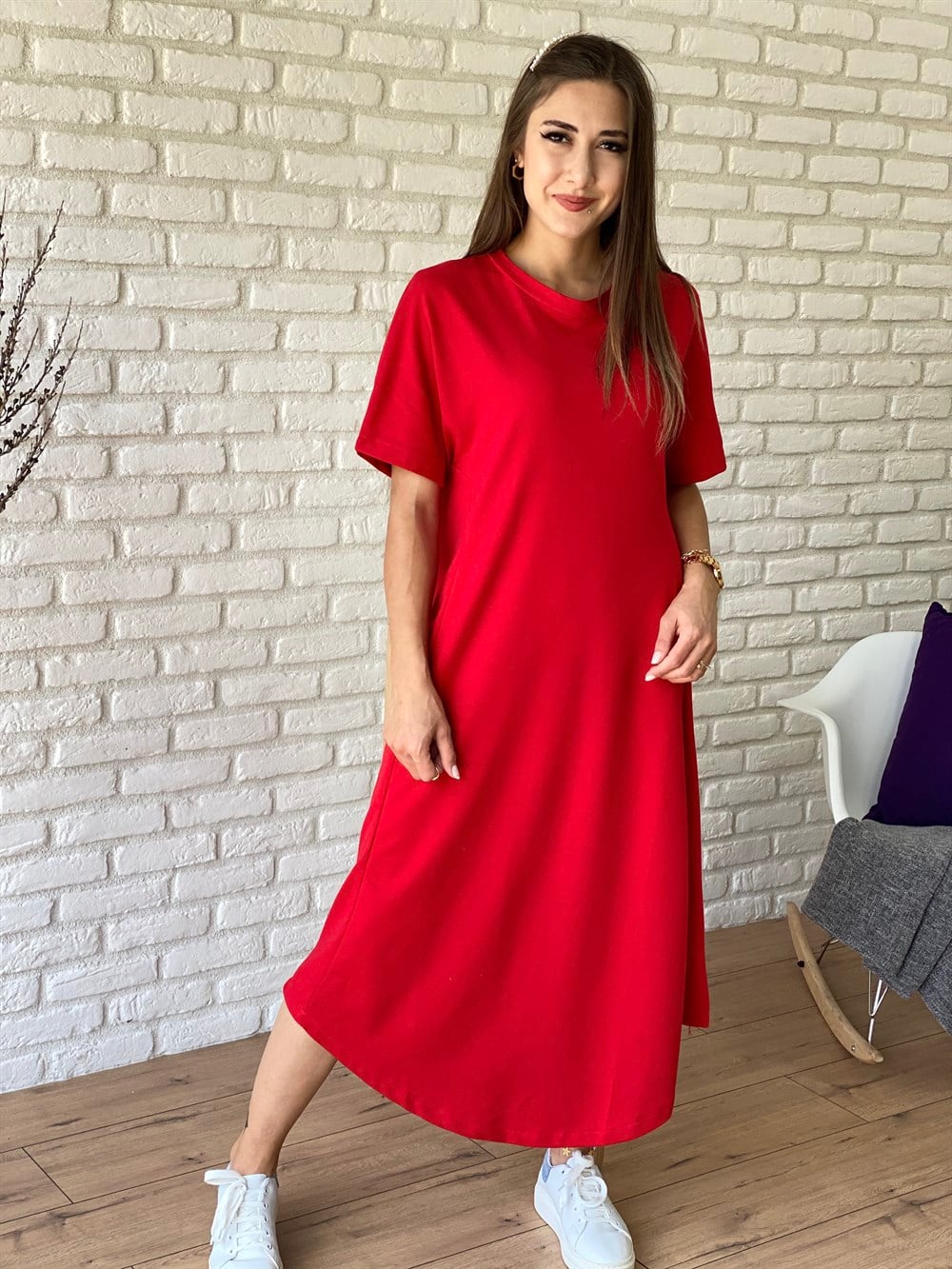 Kırmızı Kısa Kollu Penye Elbise