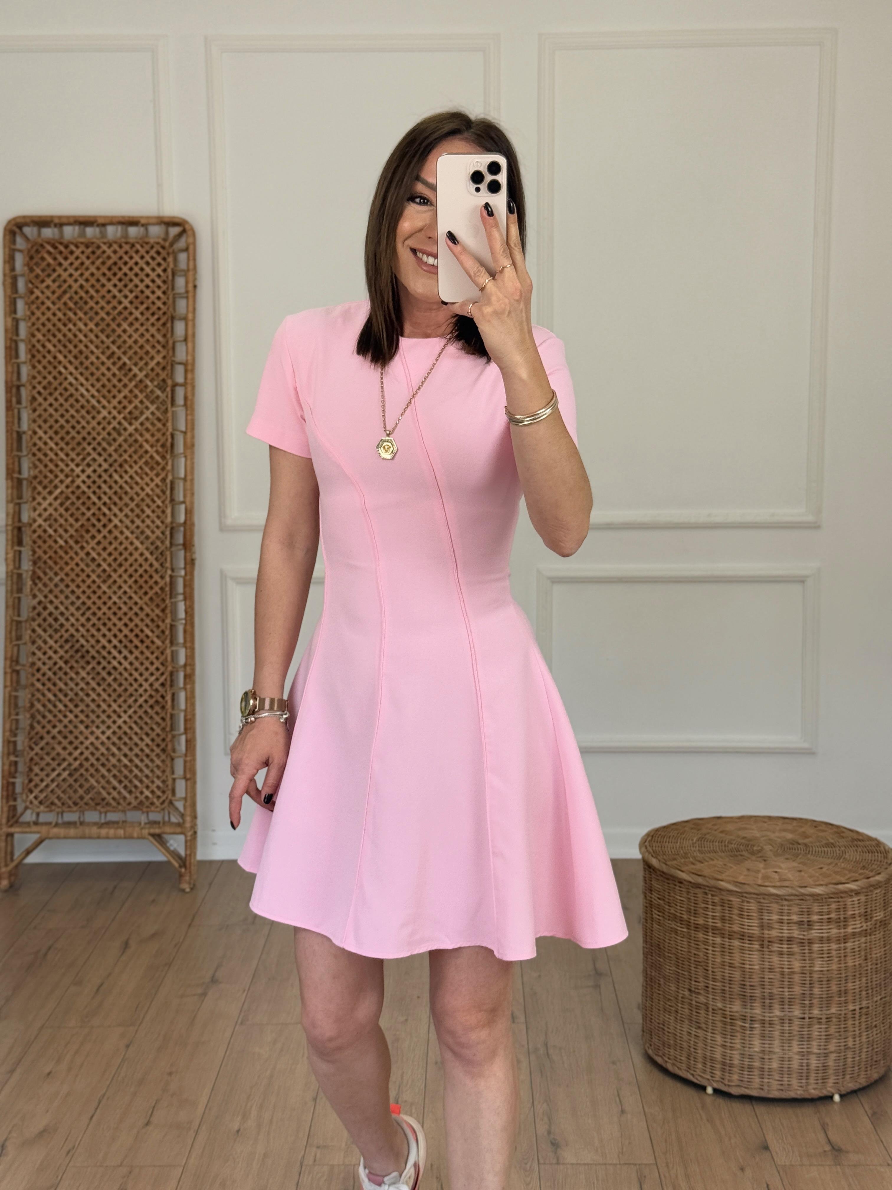 Kısa Kol Biyeli Çan Elbise PEMBE