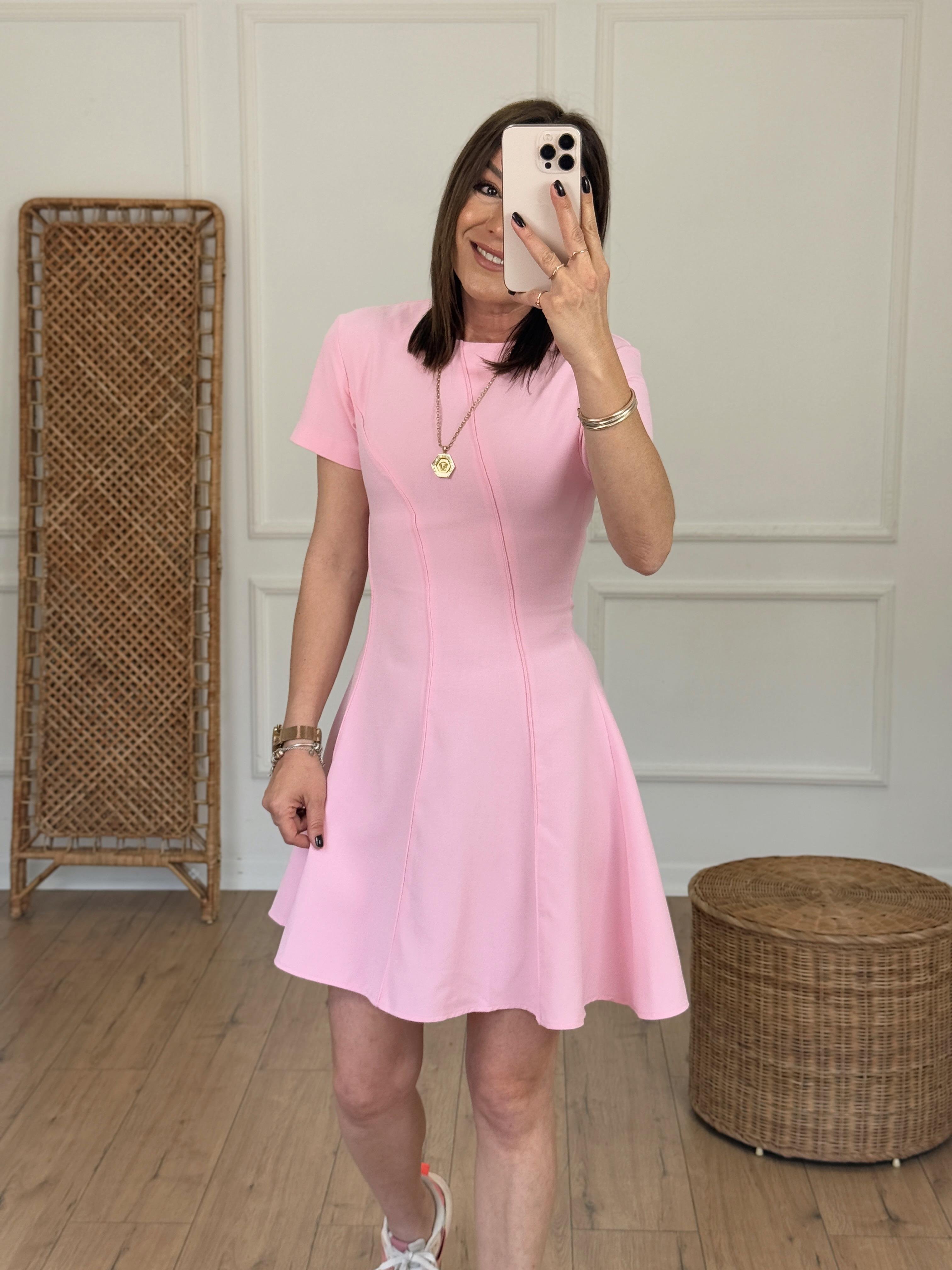 Kısa Kol Biyeli Çan Elbise PEMBE