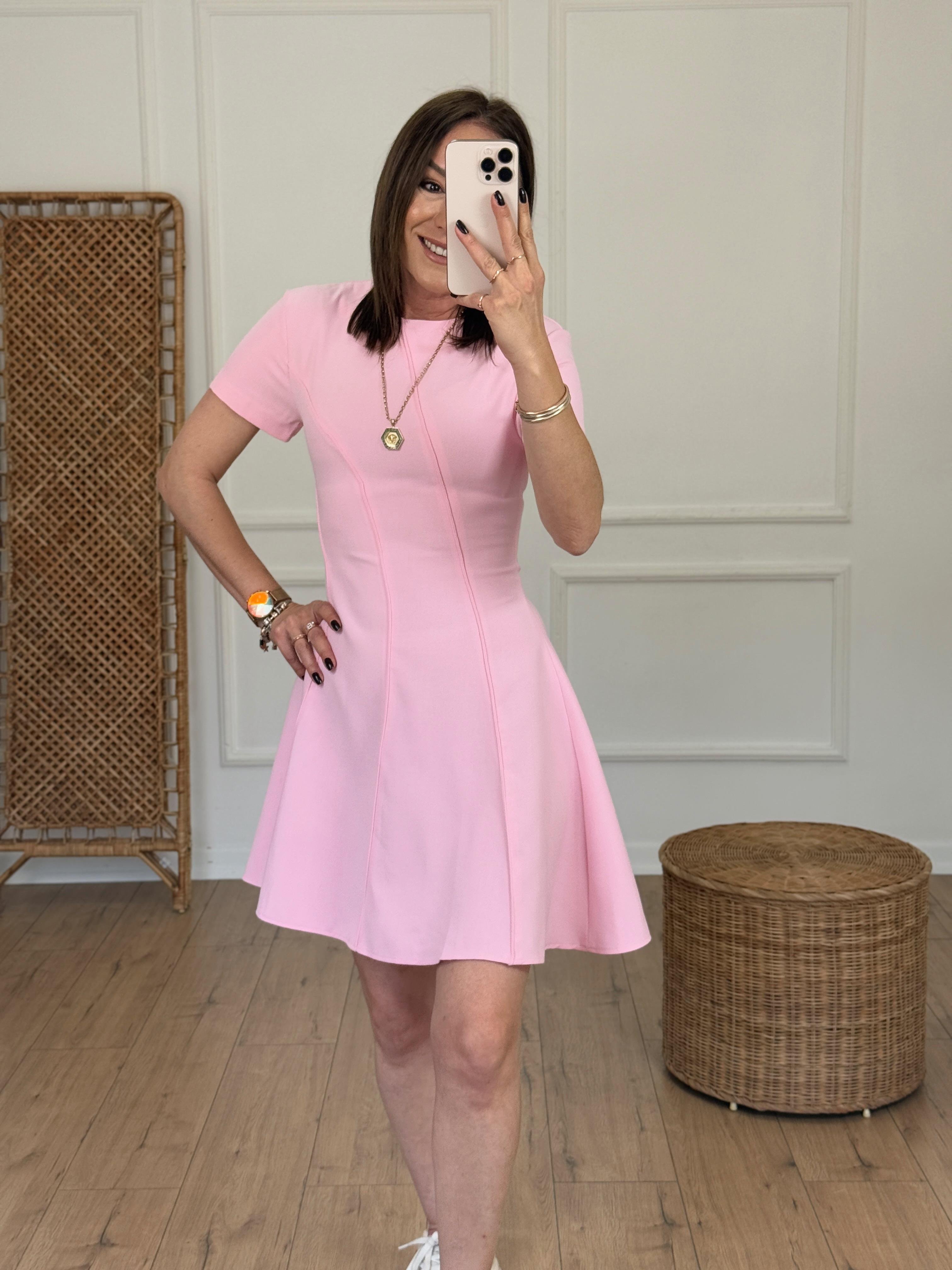 Kısa Kol Biyeli Çan Elbise PEMBE