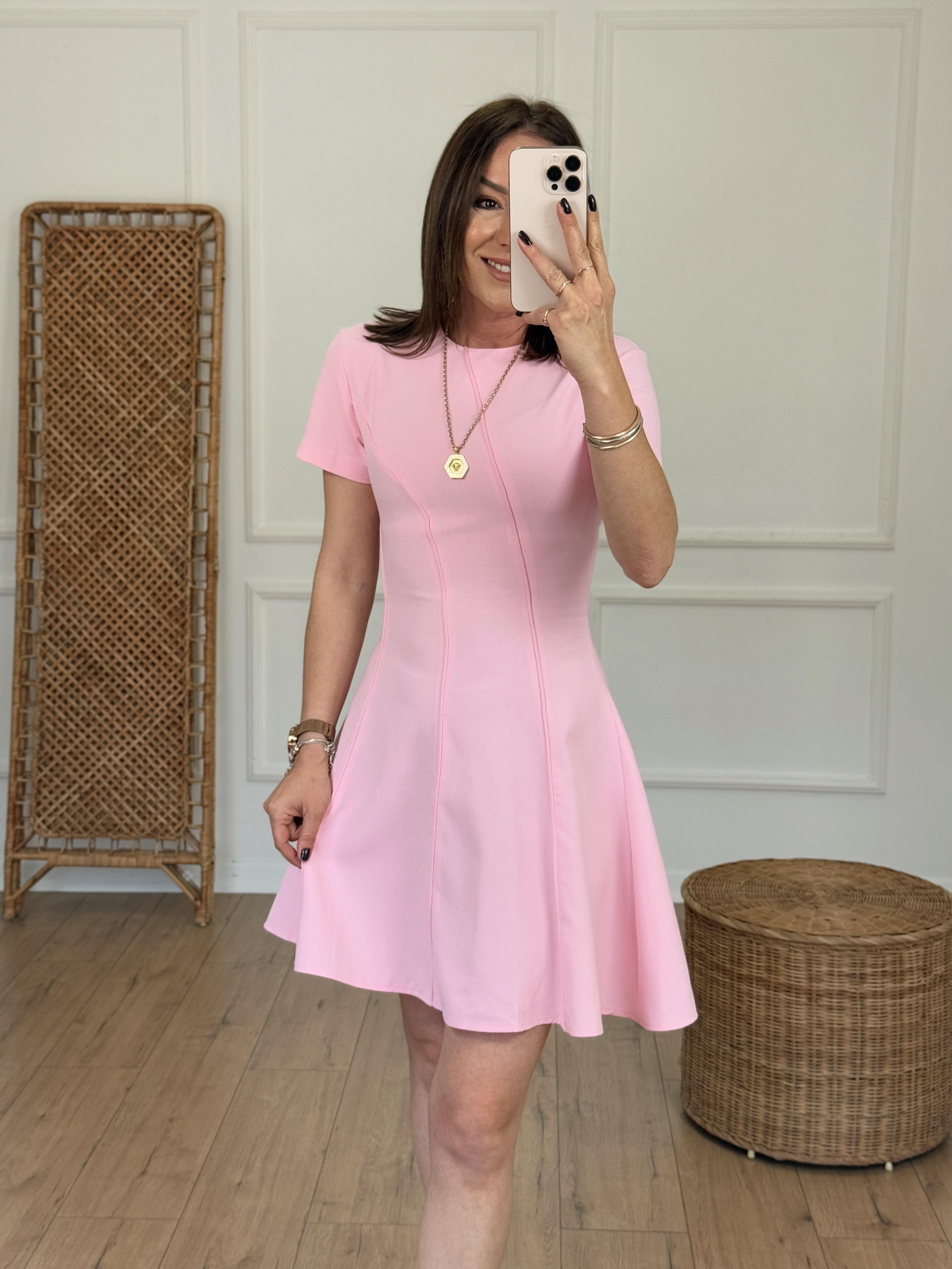 Kısa Kol Biyeli Çan Elbise PEMBE