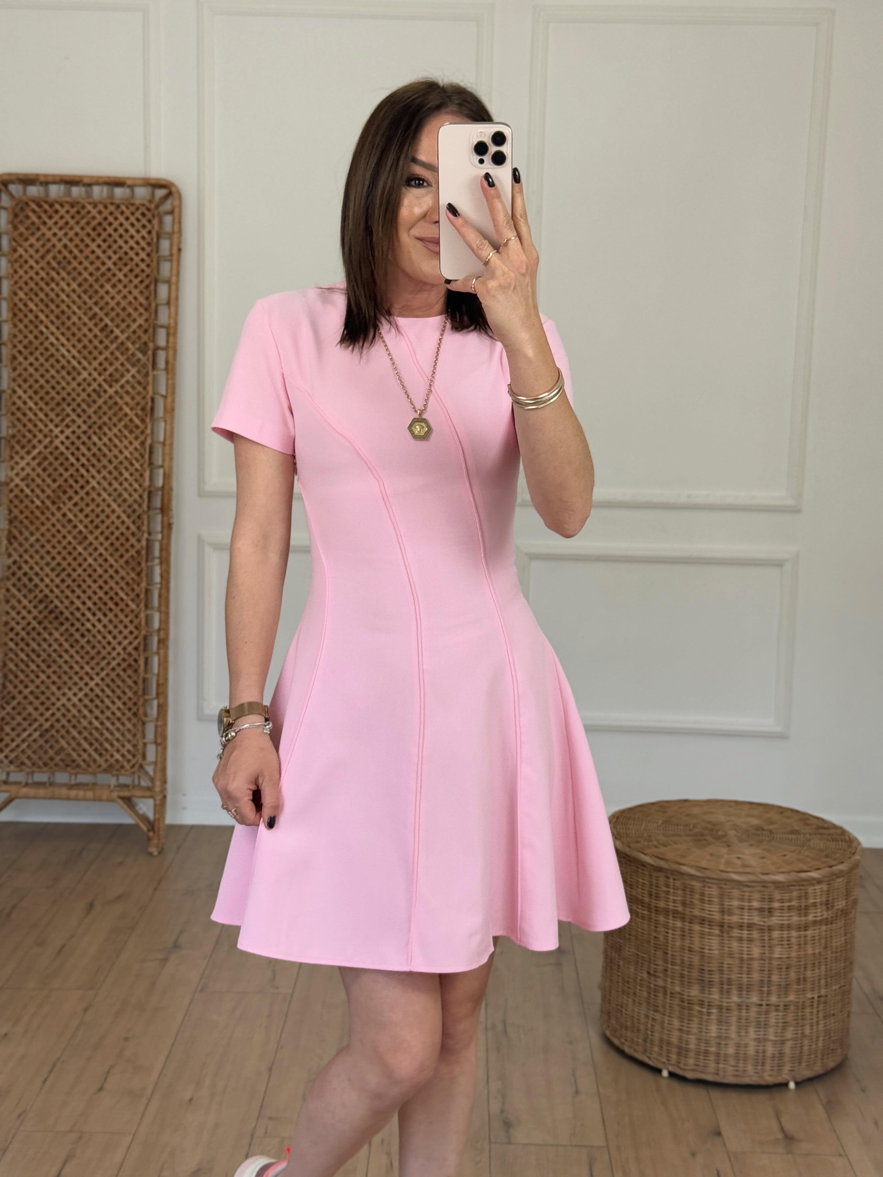 Kısa Kol Biyeli Çan Elbise PEMBE