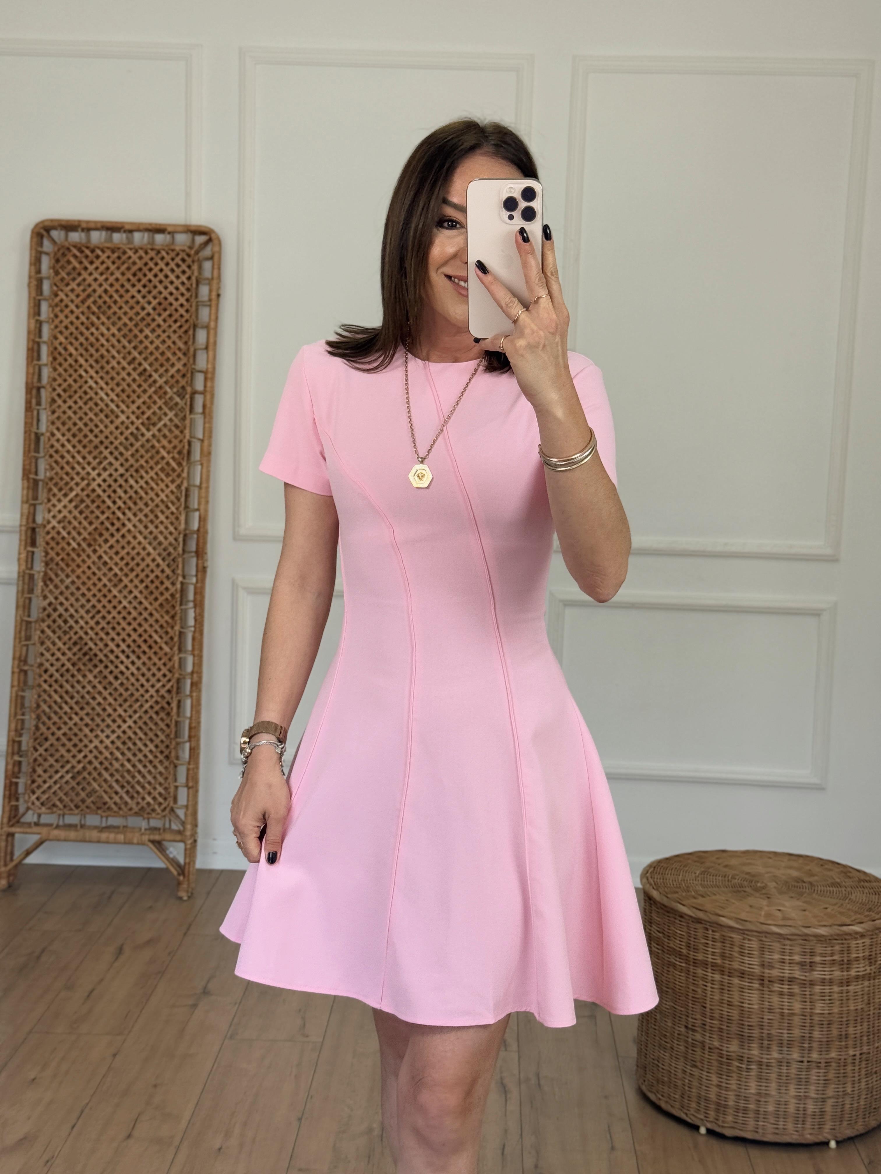 Kısa Kol Biyeli Çan Elbise PEMBE