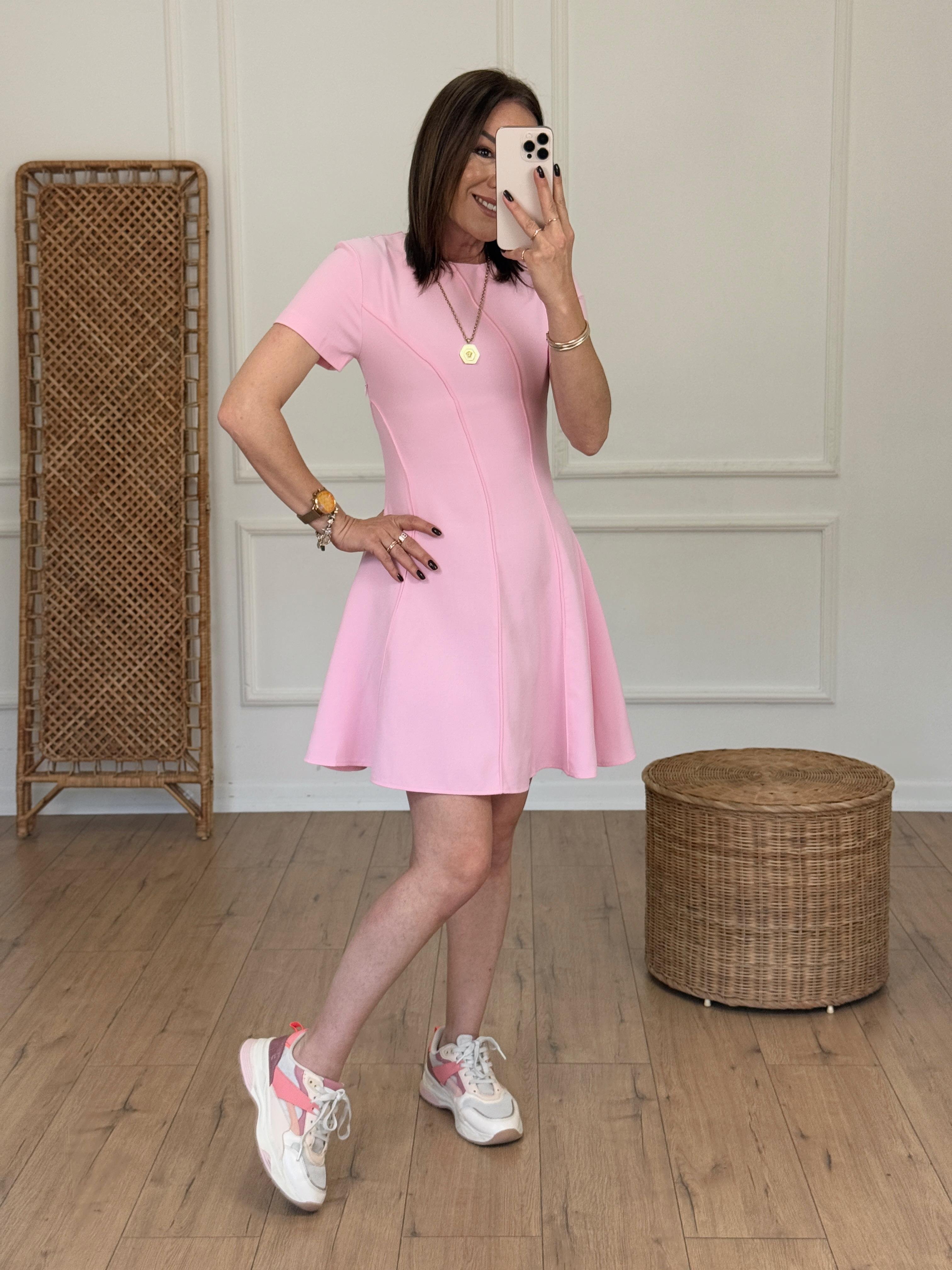 Kısa Kol Biyeli Çan Elbise PEMBE