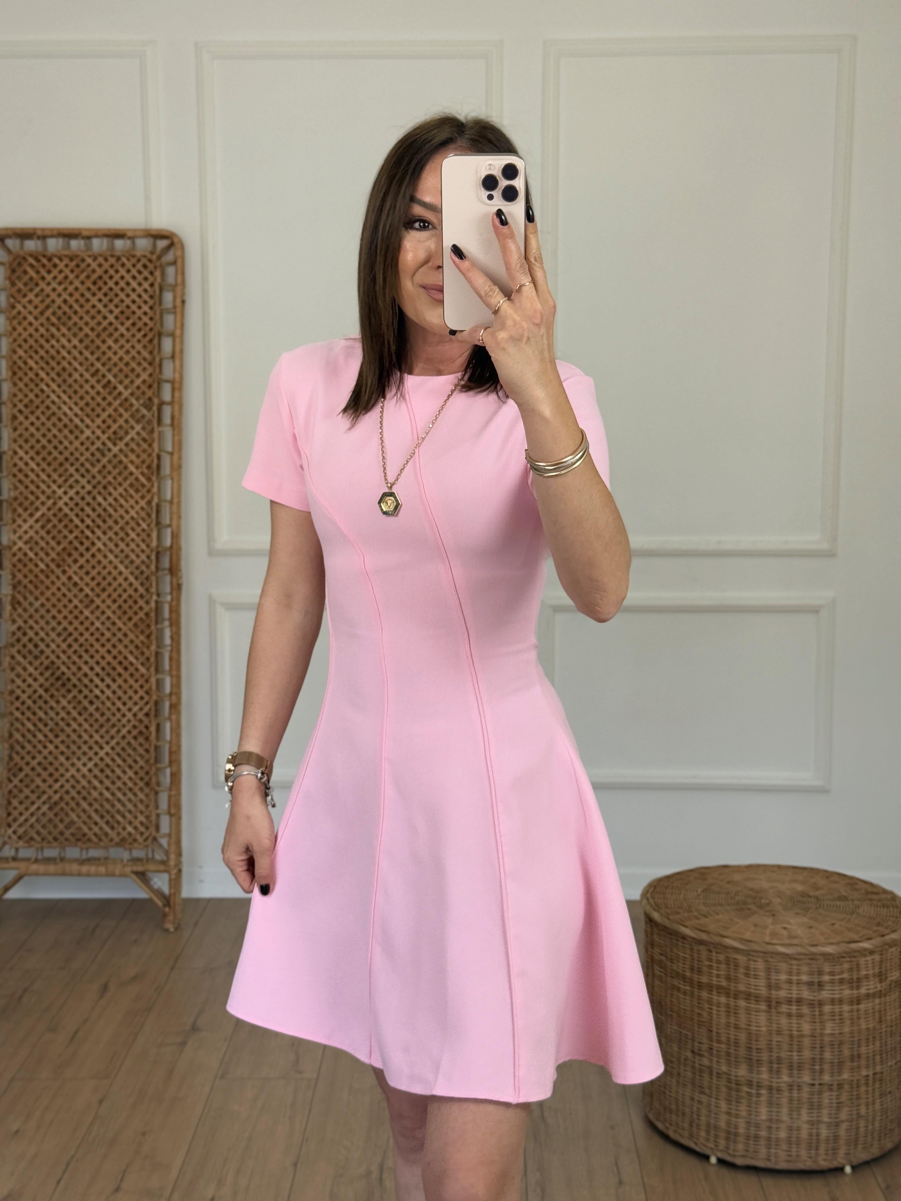 Kısa Kol Biyeli Çan Elbise PEMBE