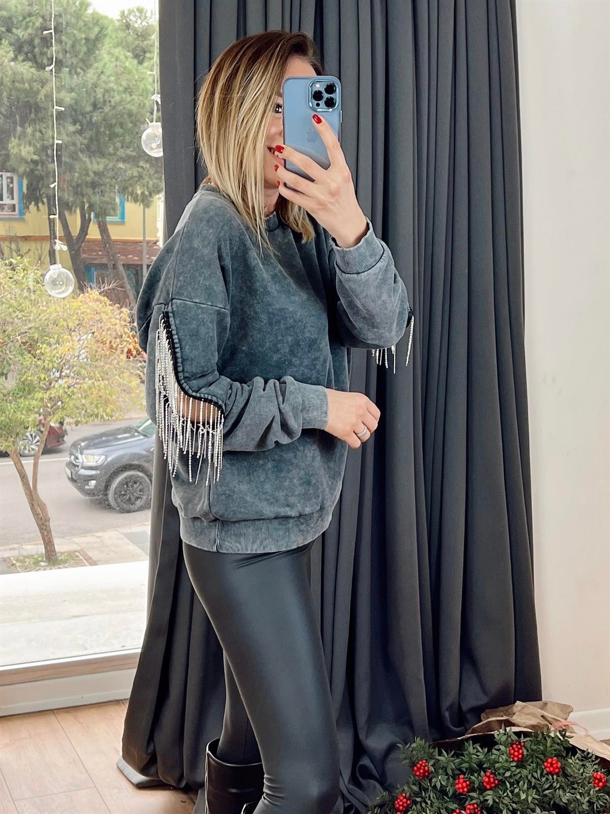 KOL ZİNCİR  DETAYLI SWEAT GRİ