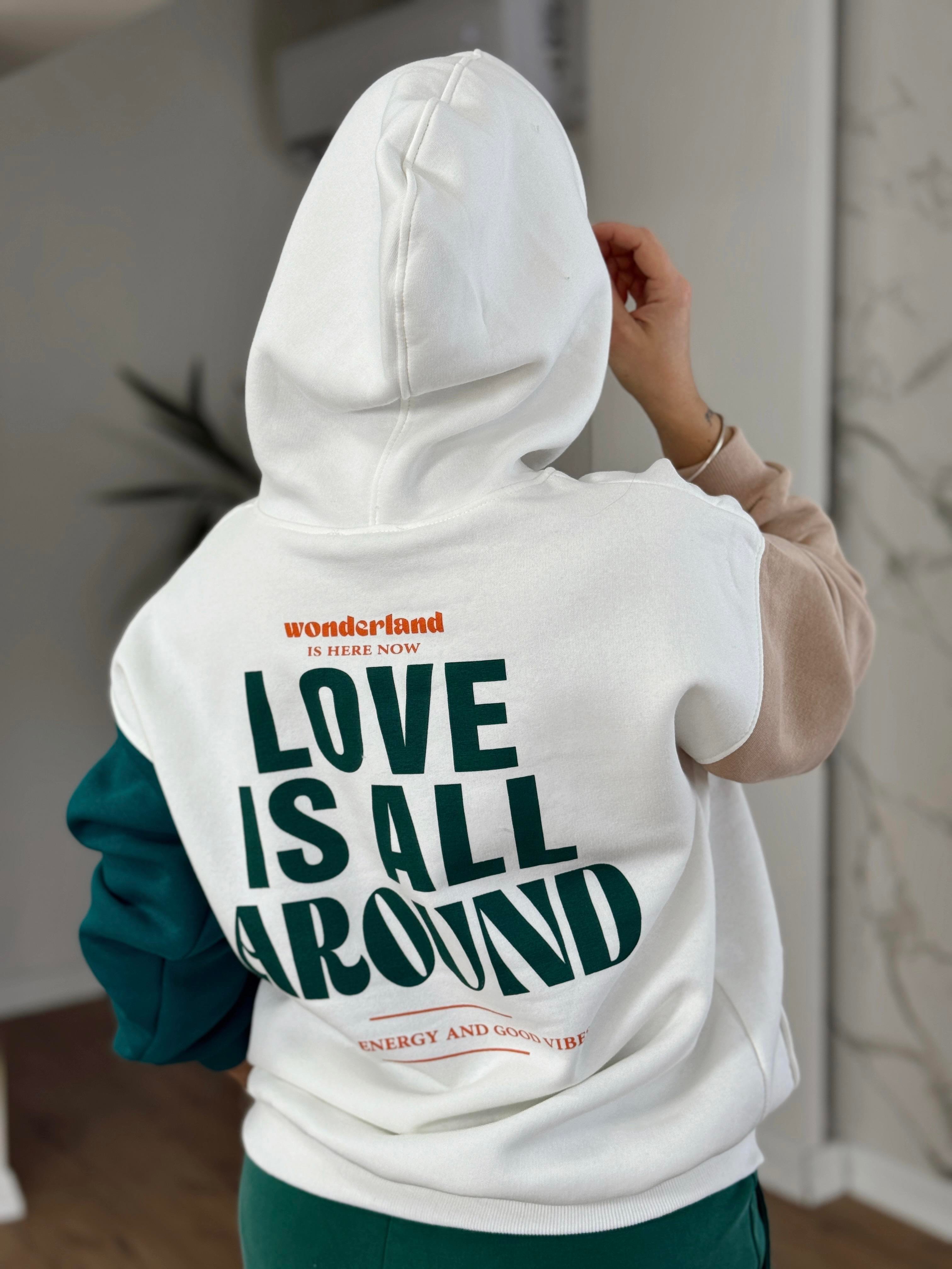 Kolları Renkli Yazı Detaylı Kapüşonlu Sweat YEŞİL