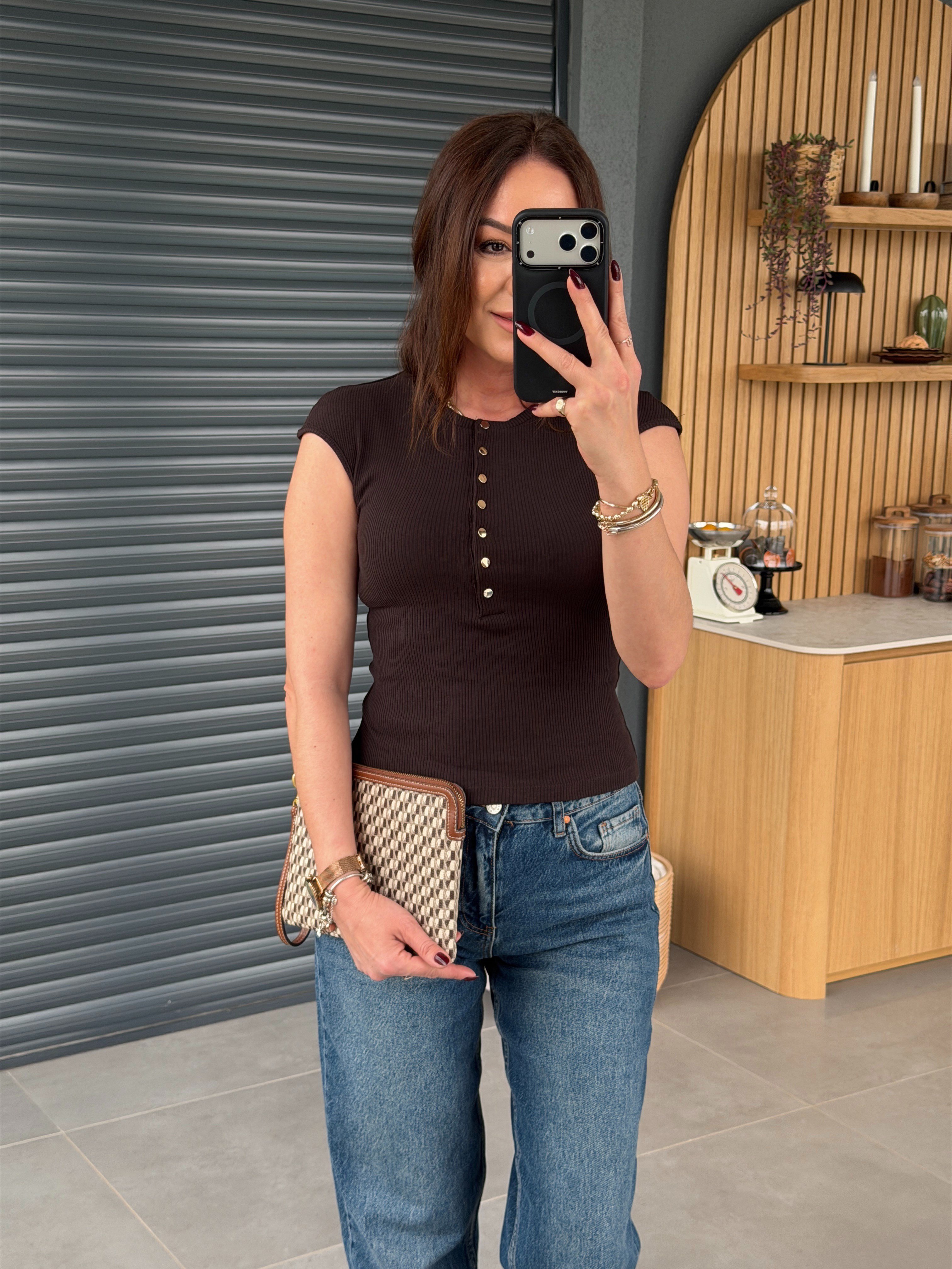 Kolsuz Çıtçıtlı Body KOYU KAHVE