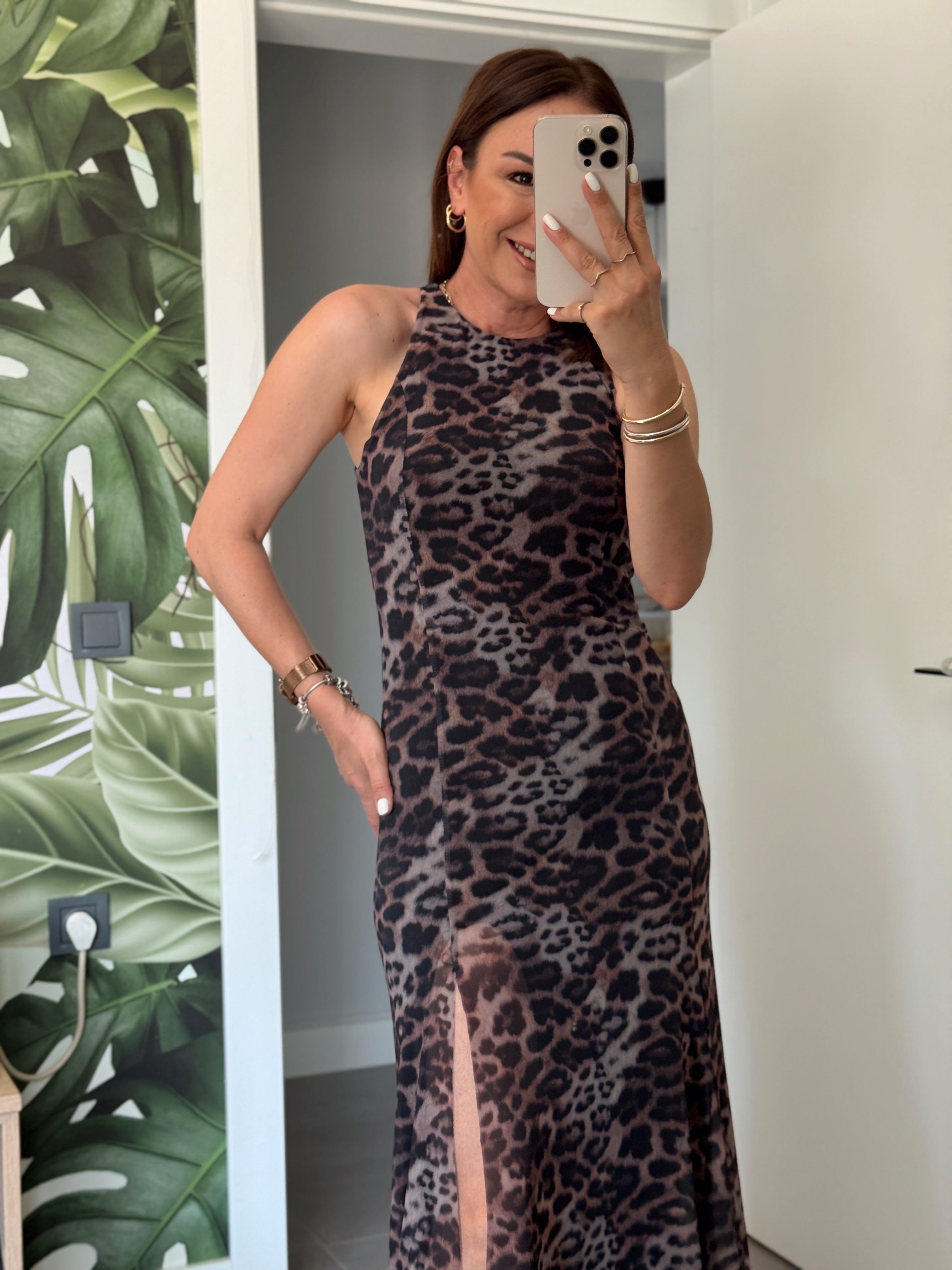 Kolsuz Yırtmaçlı Leopar Desen Elbise KAHVE