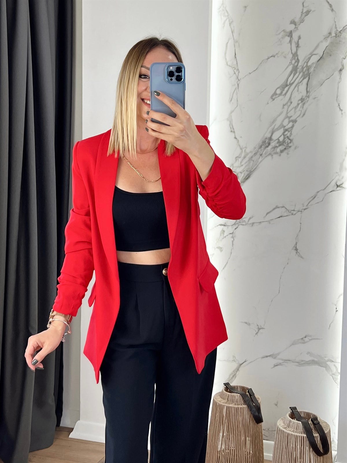 Kolu Büzgülü Blazer Ceket Kırmızı