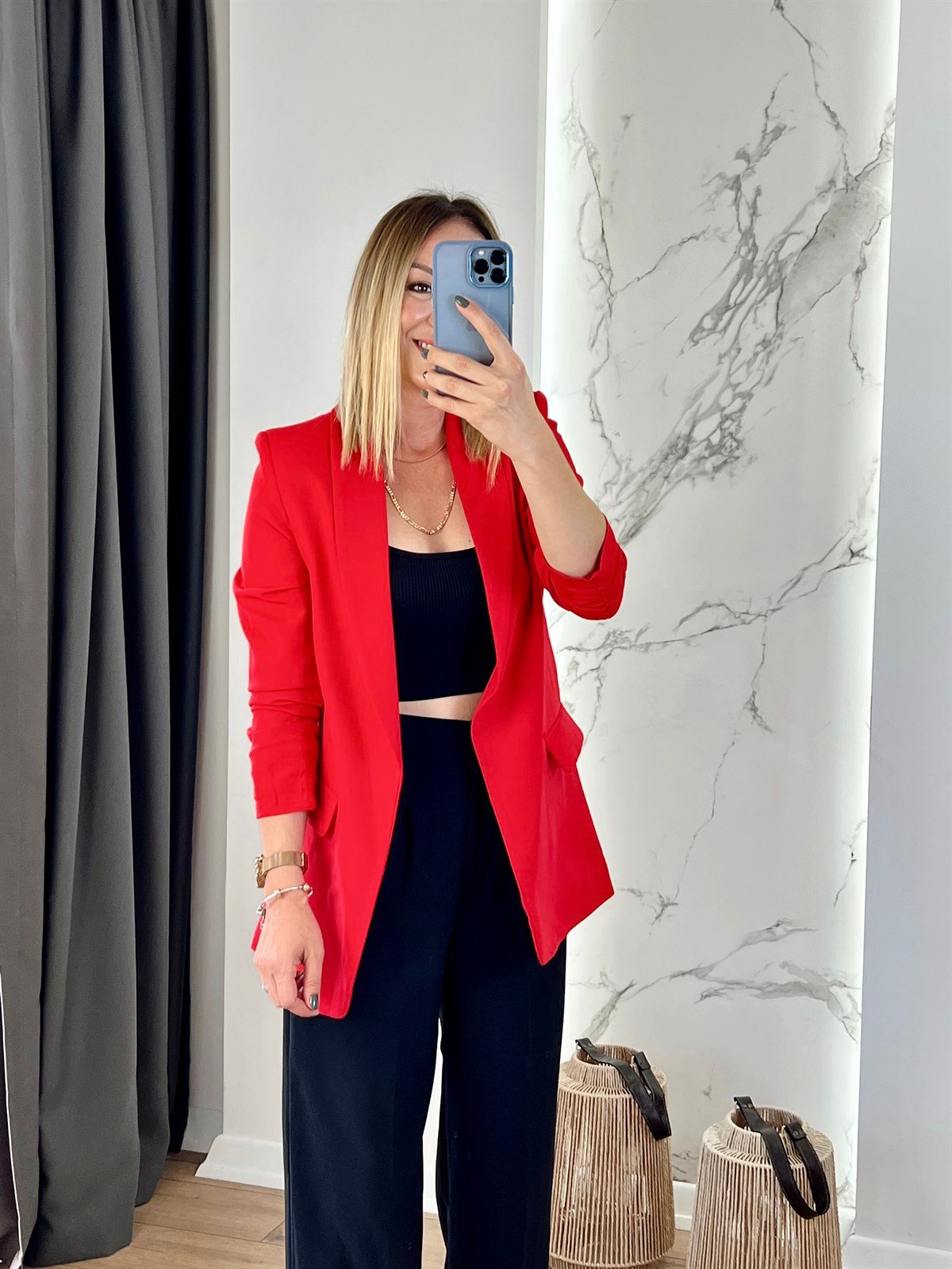Kolu Büzgülü Blazer Ceket Kırmızı
