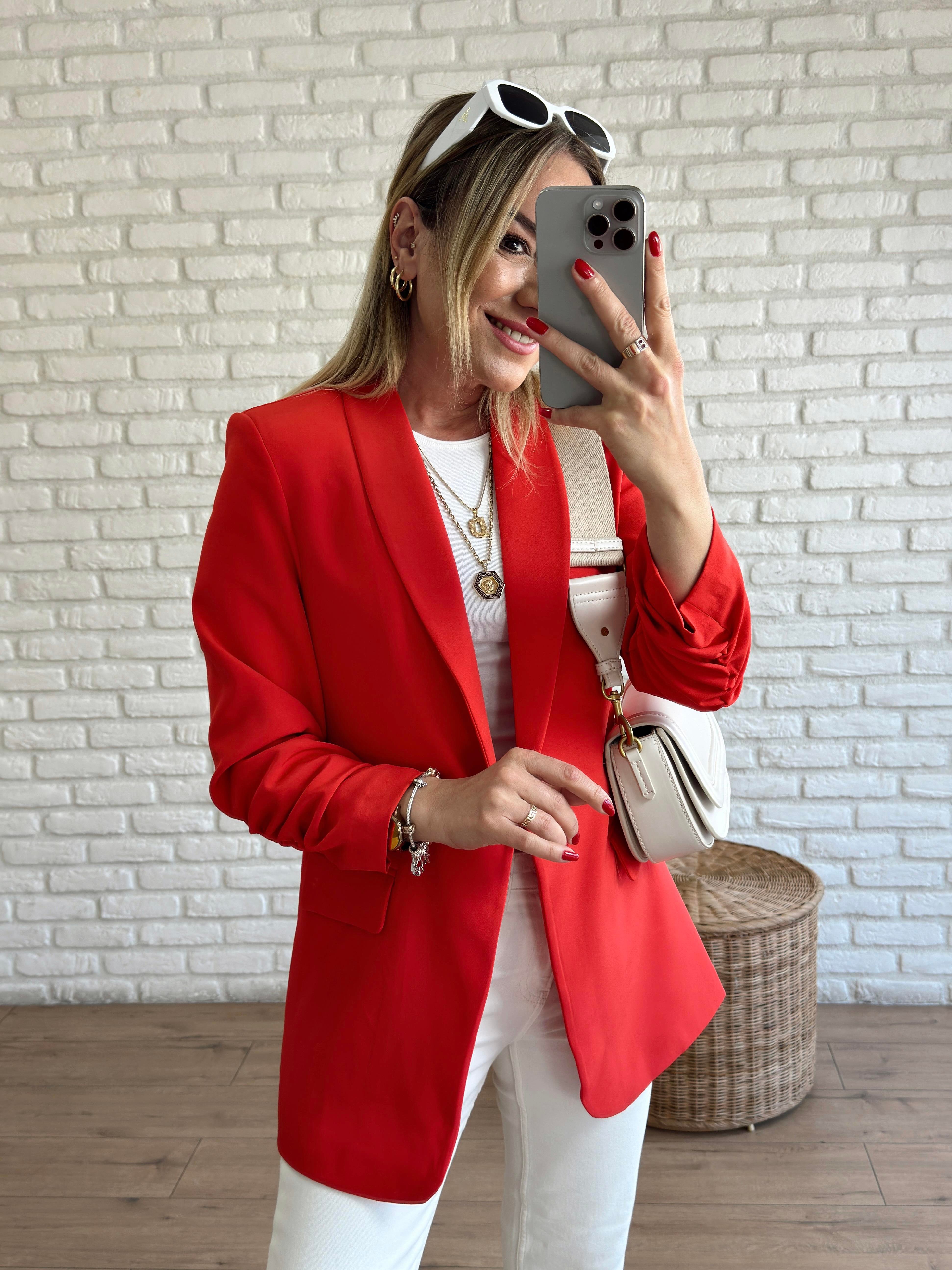 Kolu Büzgülü Blazer Ceket KIRMIZI