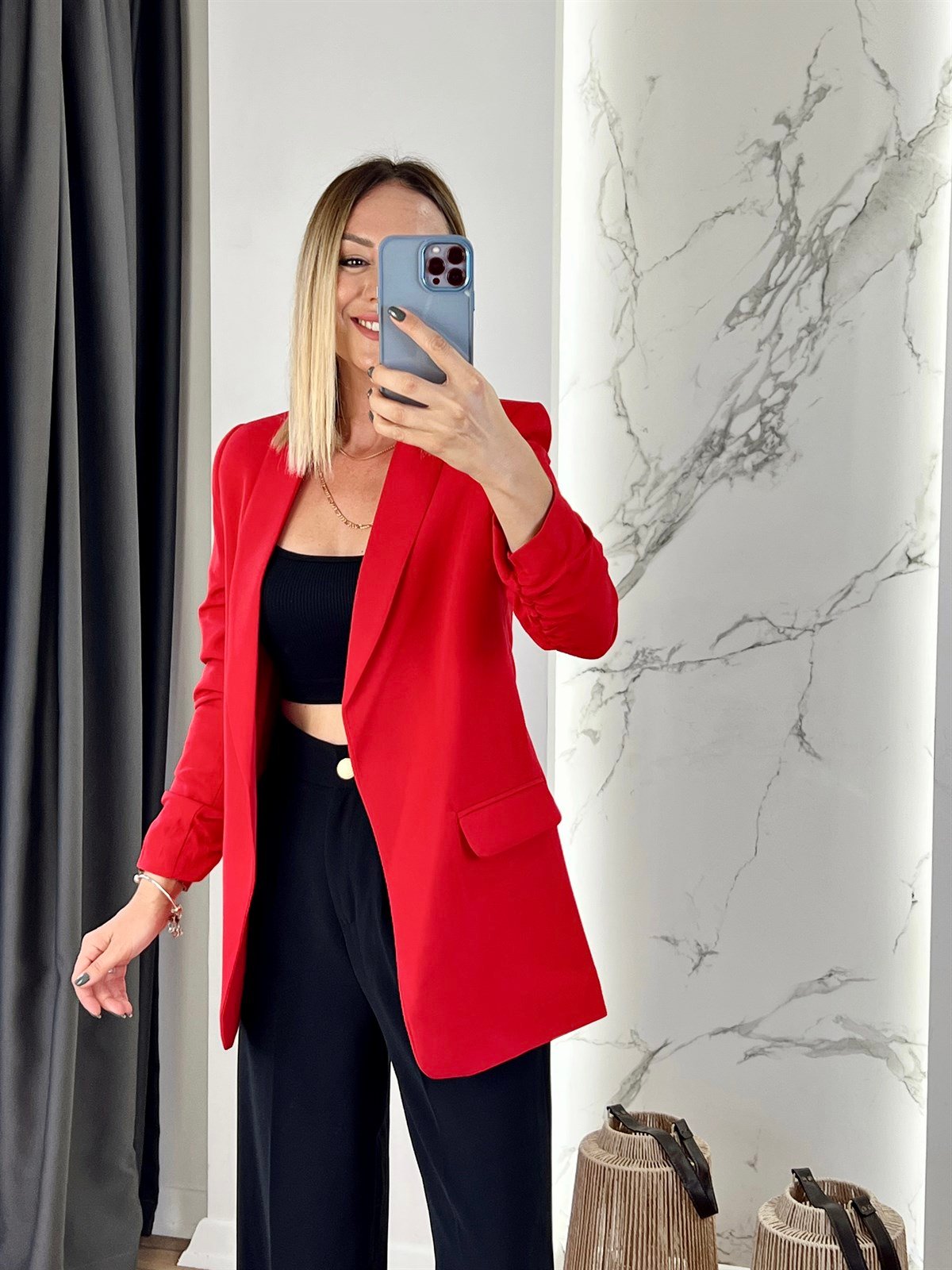 Kolu Büzgülü Blazer Ceket Kırmızı