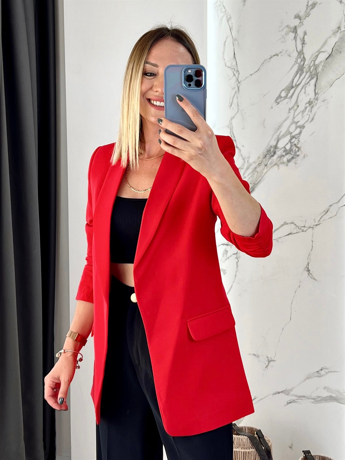 Kolu Büzgülü Blazer Ceket Kırmızı