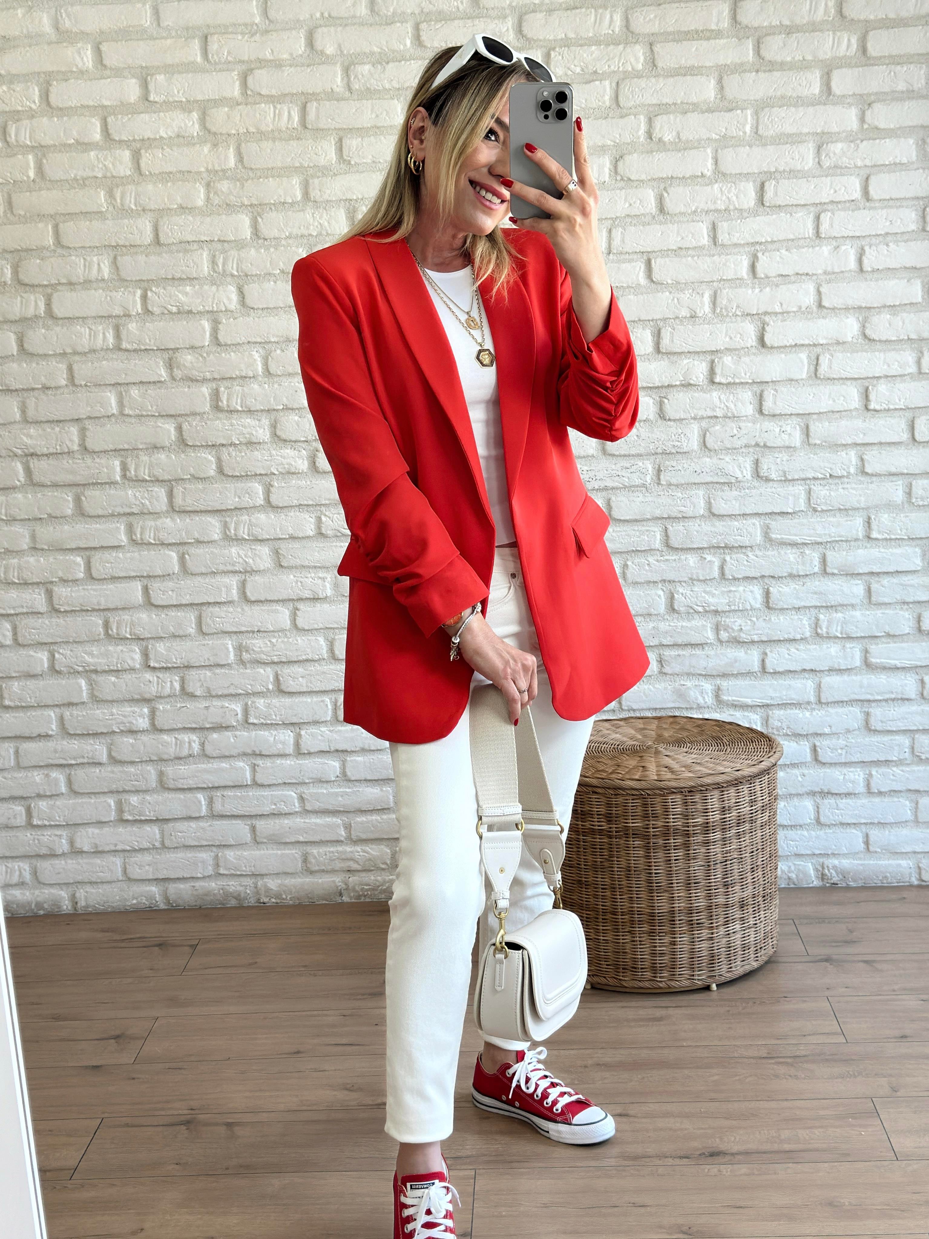 Kolu Büzgülü Blazer Ceket KIRMIZI