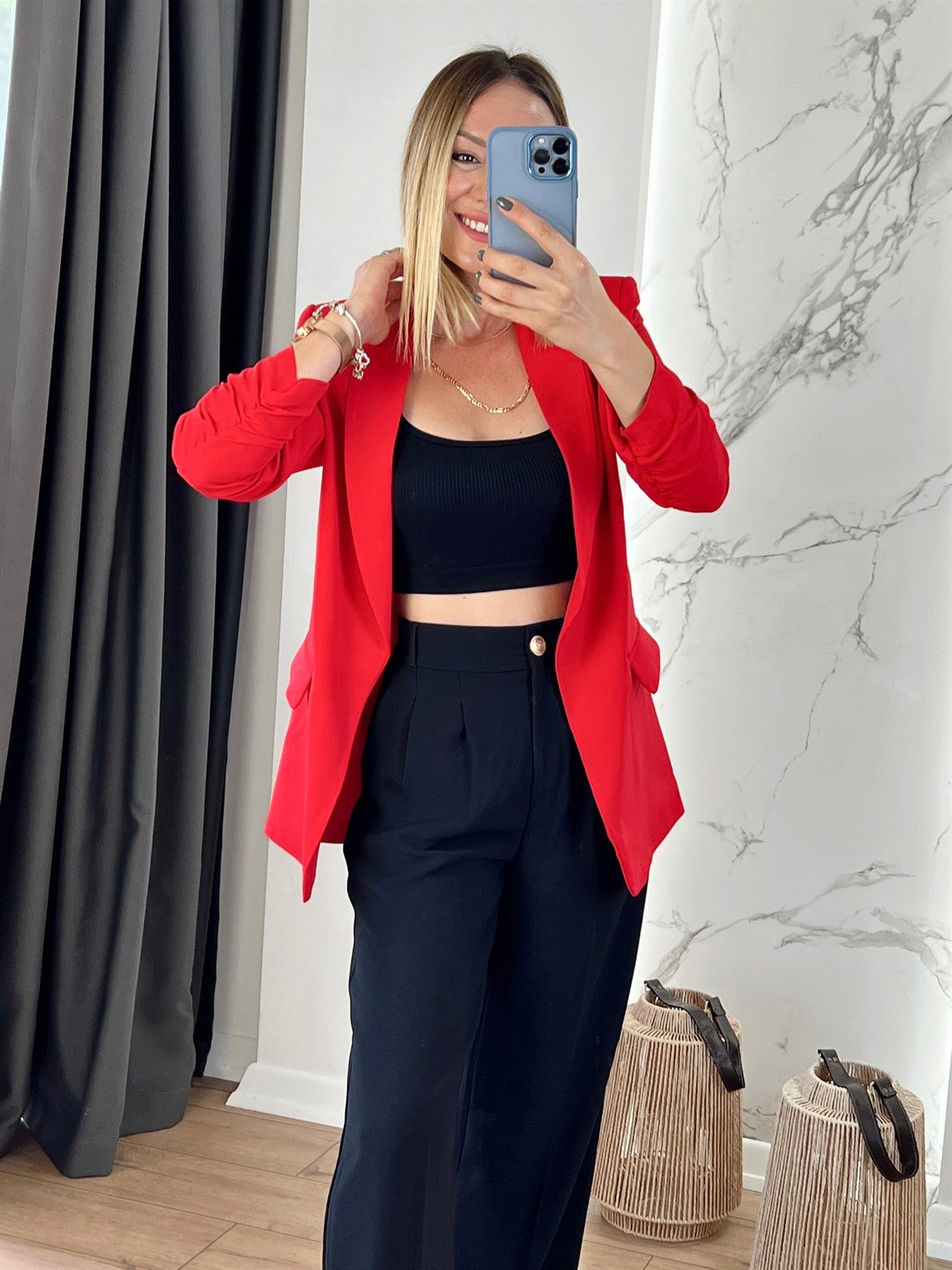 Kolu Büzgülü Blazer Ceket Kırmızı