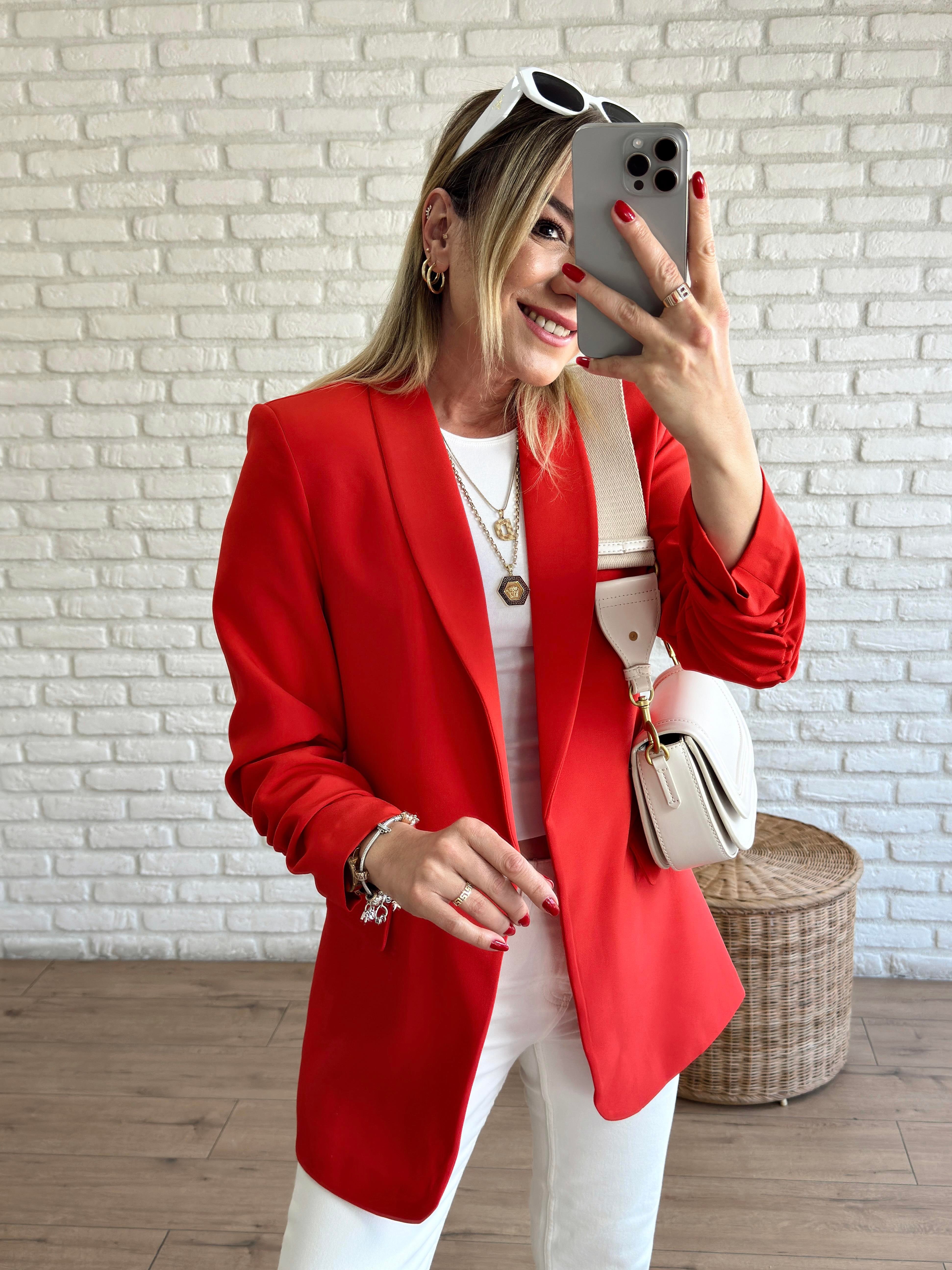 Kolu Büzgülü Blazer Ceket KIRMIZI