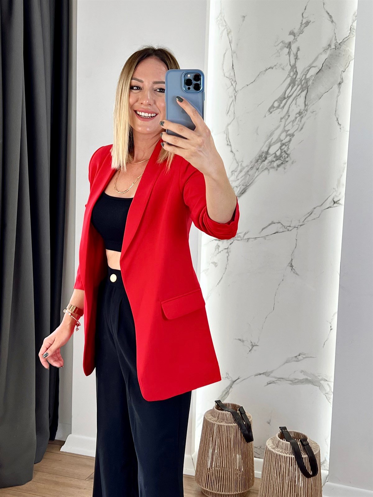 Kolu Büzgülü Blazer Ceket Kırmızı