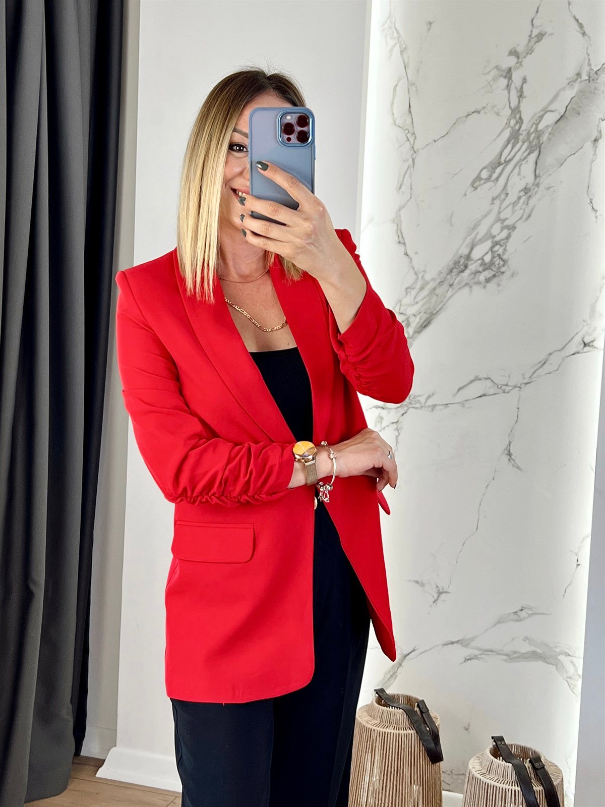 Kolu Büzgülü Blazer Ceket Kırmızı