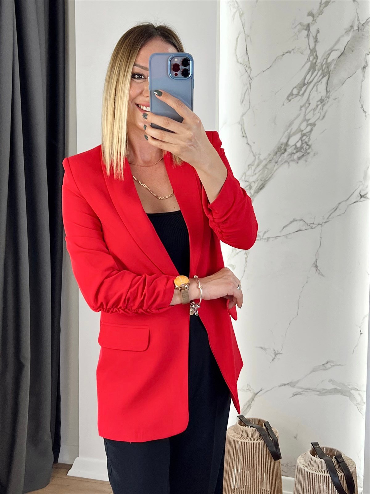Kolu Büzgülü Blazer Ceket Kırmızı