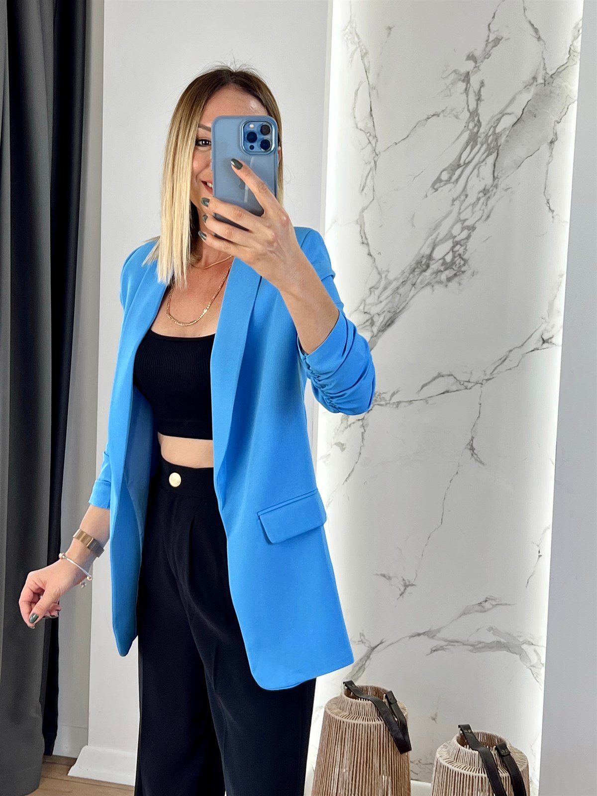 Kolu Büzgülü Blazer Ceket Mavi