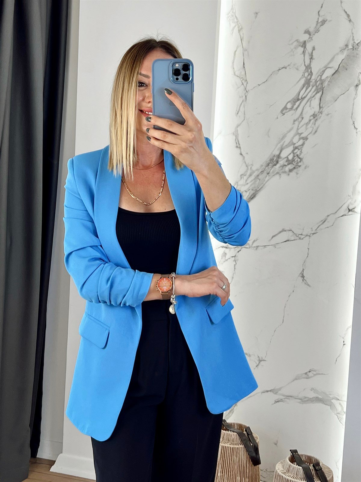 Kolu Büzgülü Blazer Ceket Mavi