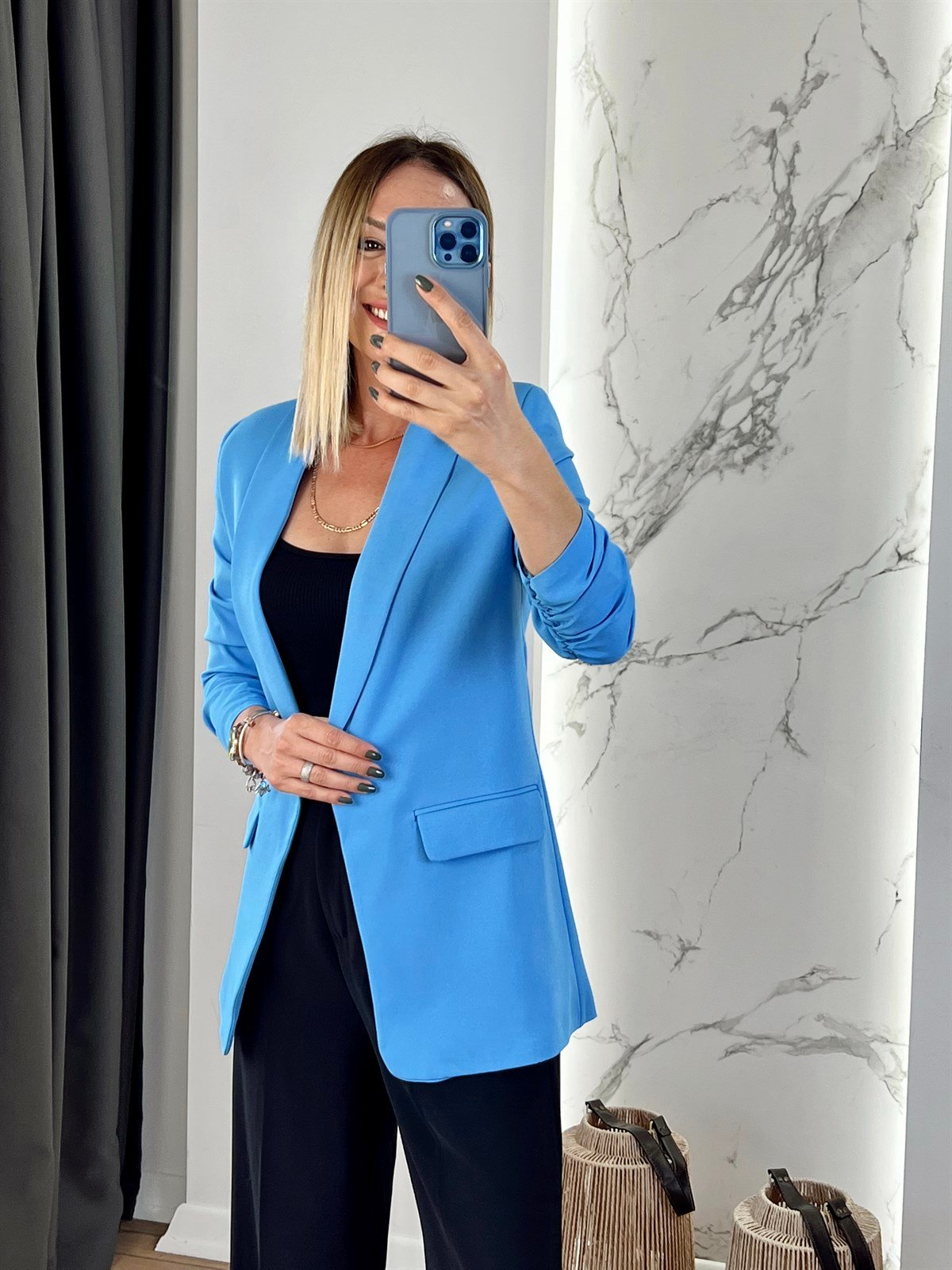 Kolu Büzgülü Blazer Ceket Mavi