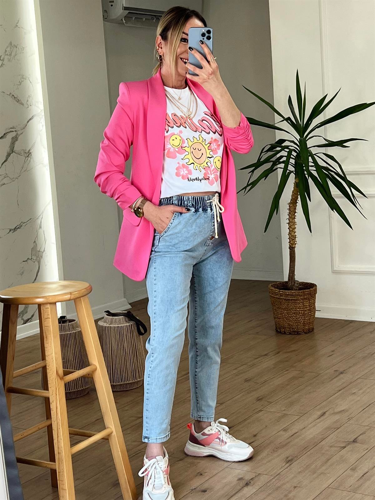 KOLU BÜZGÜLÜ CEKET PEMBE