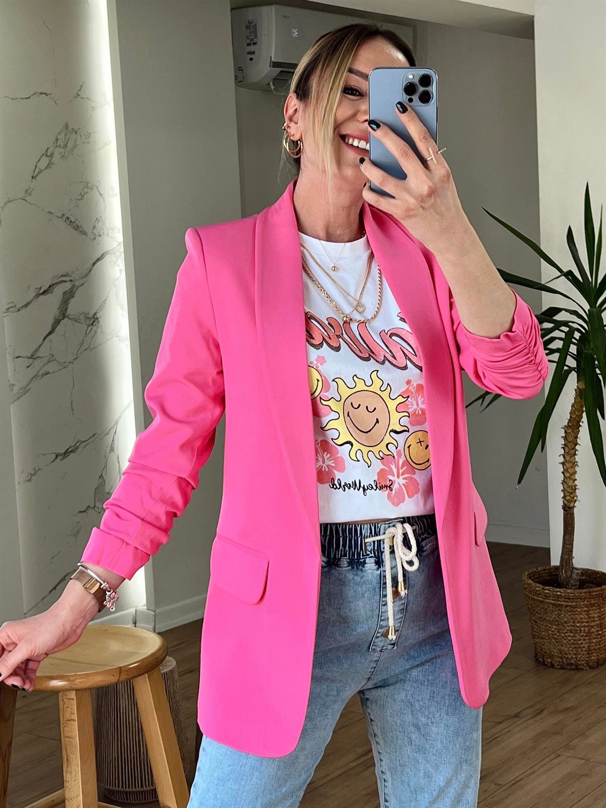 KOLU BÜZGÜLÜ CEKET PEMBE