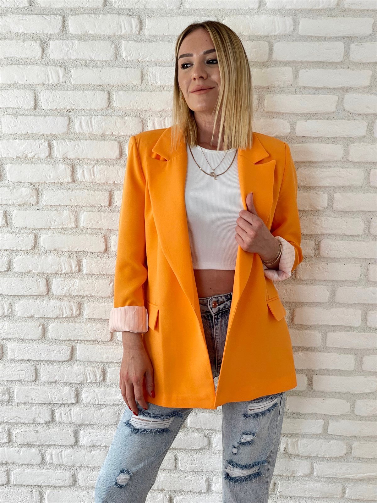 Kolu Katlamalı Blazer Ceket Orange