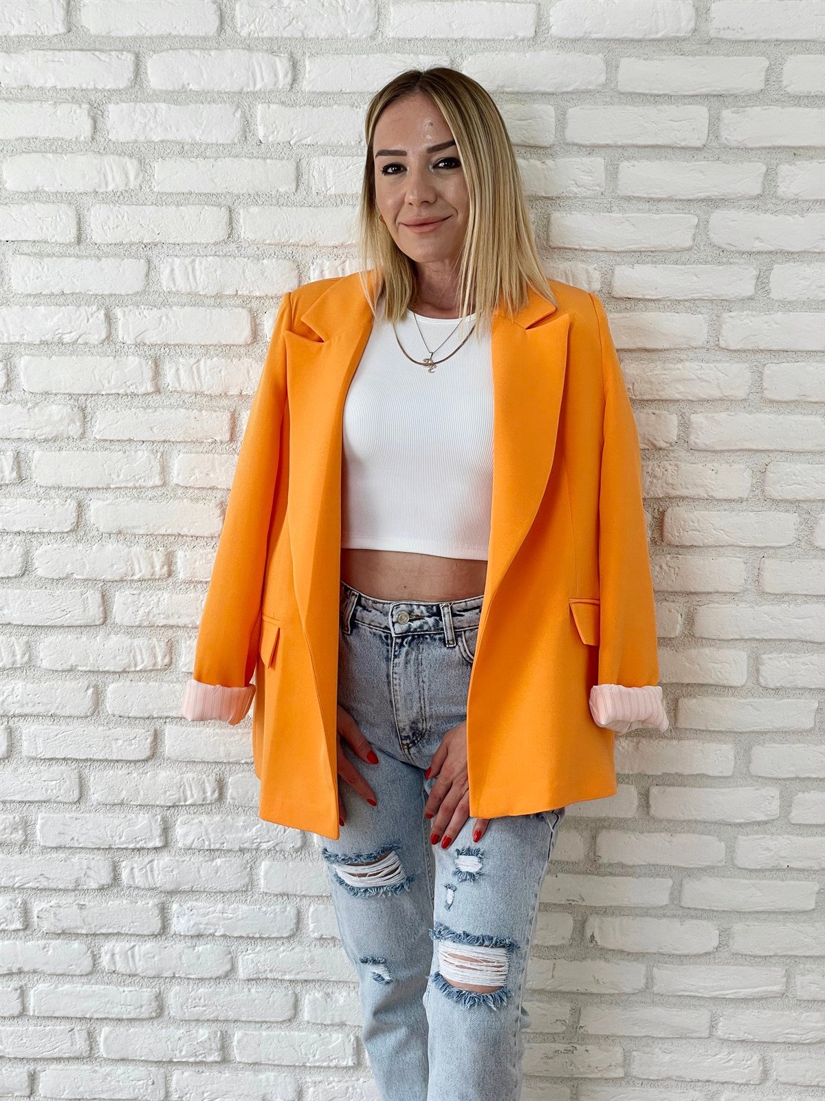 Kolu Katlamalı Blazer Ceket Orange