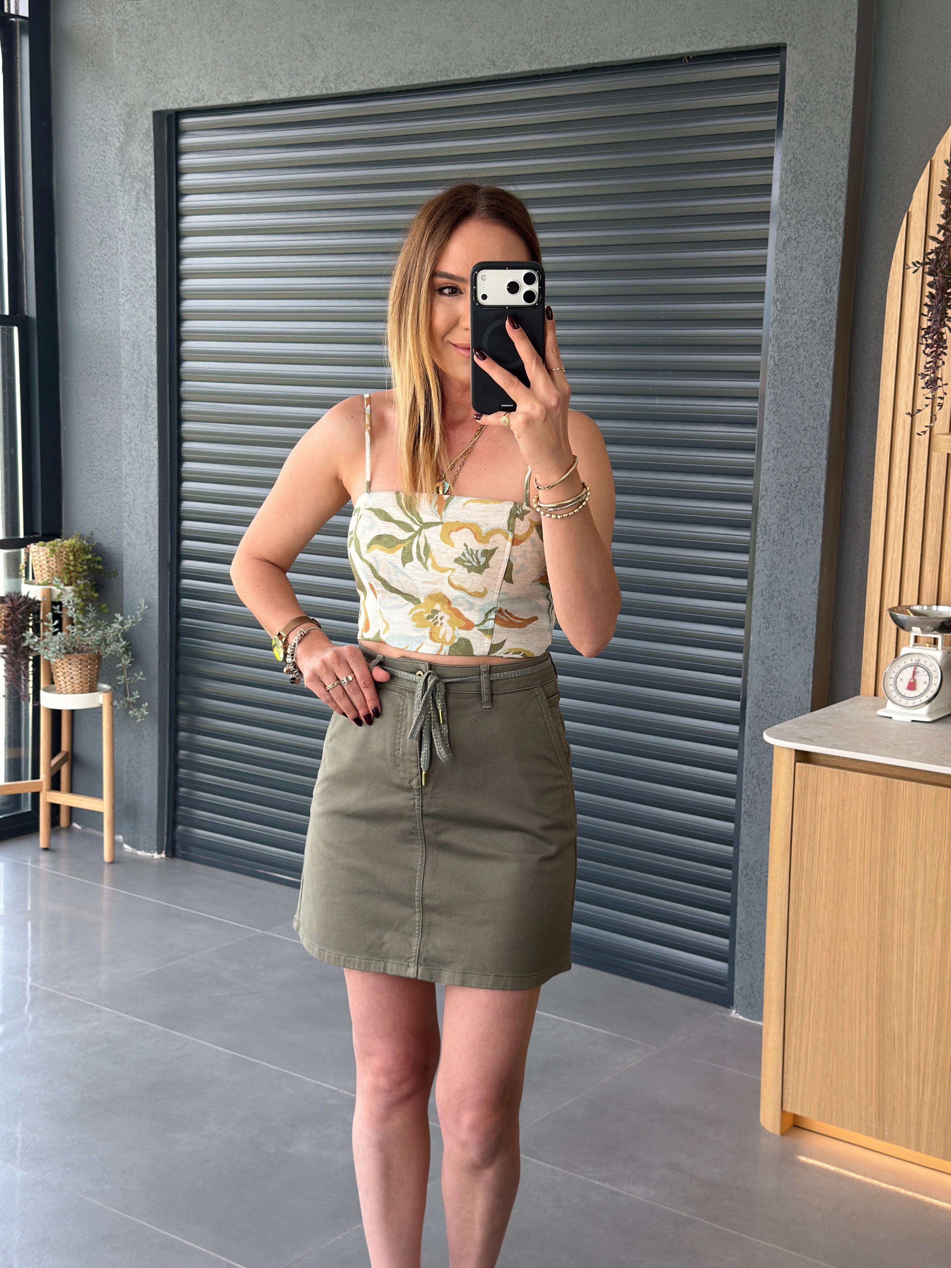 Kordonlu Mini Jean Etek HAKİ