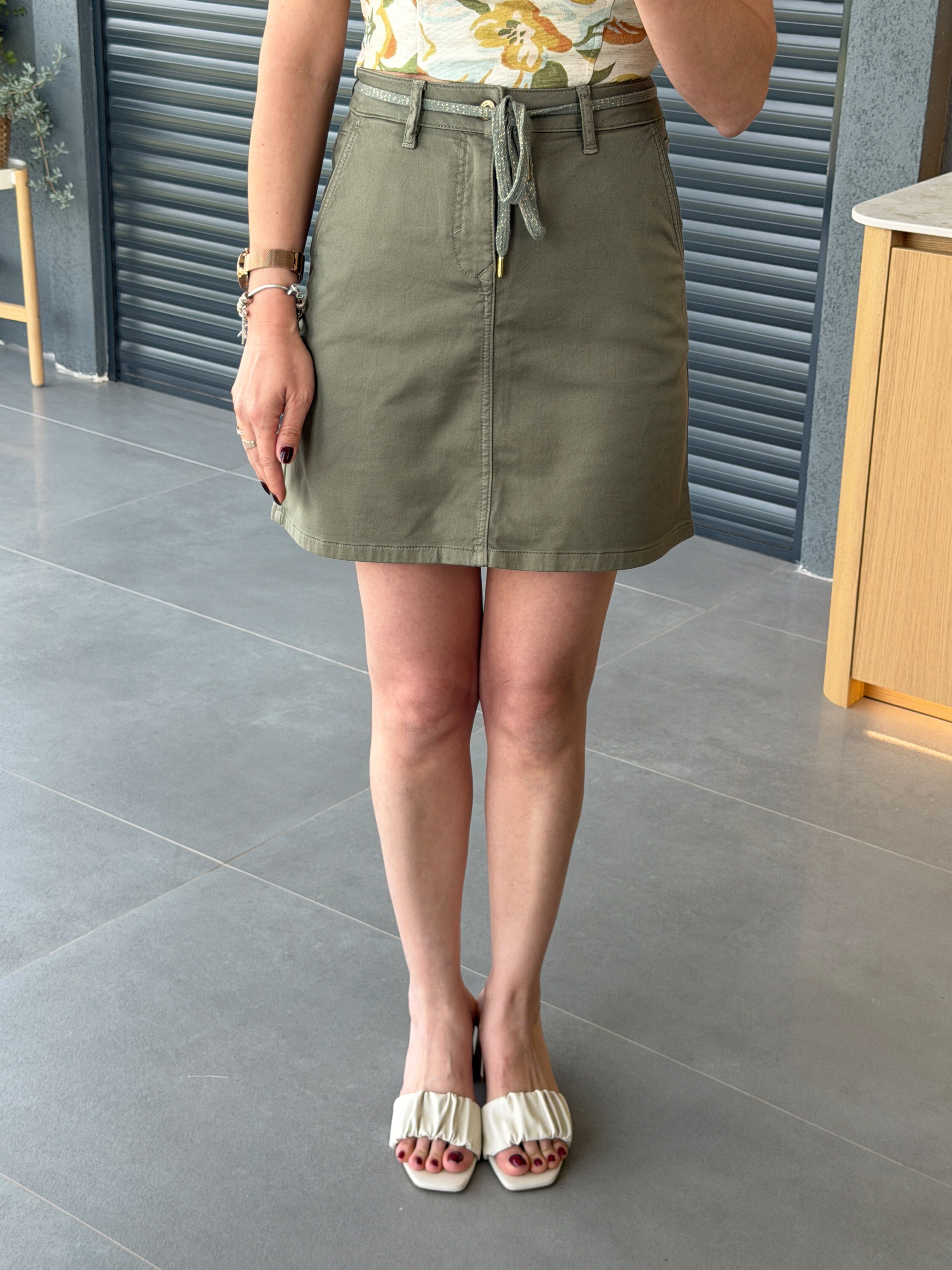 Kordonlu Mini Jean Etek HAKİ