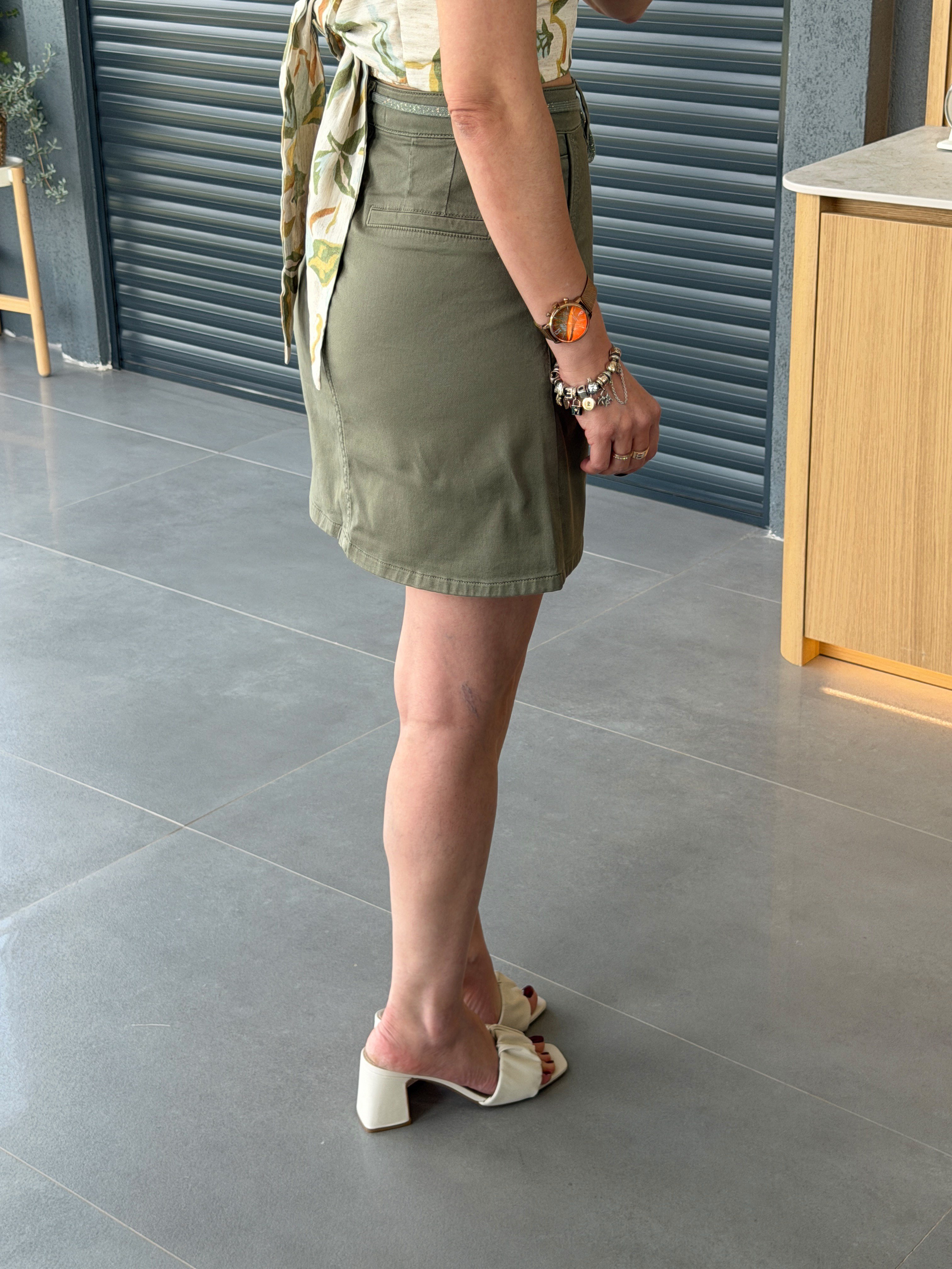 Kordonlu Mini Jean Etek HAKİ
